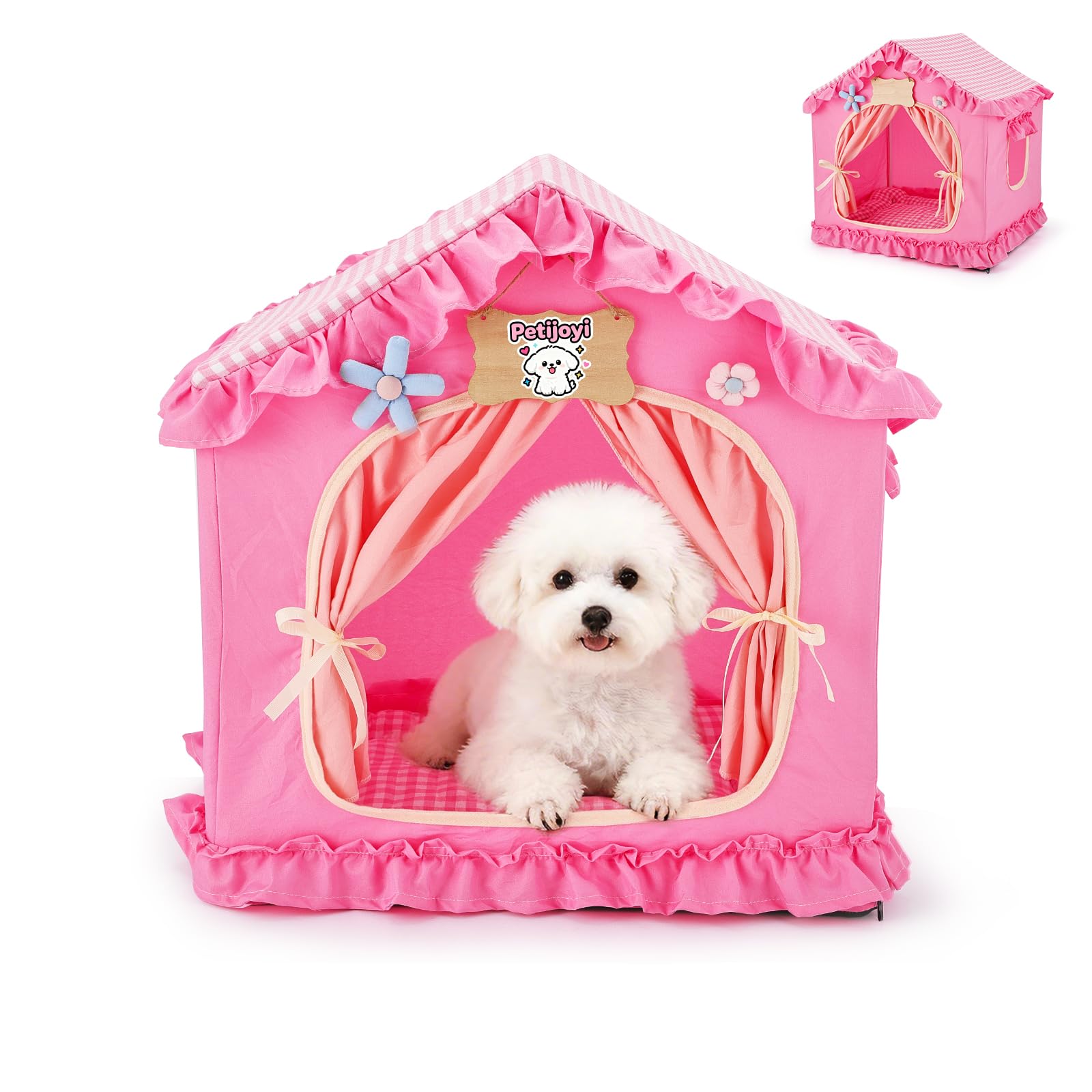 Petjoyi Pink Dog House Tent - Princess Indoor Dog & Cat Bed with Cover, Breathable Washable House for Small Medium Pets, 19.7x15