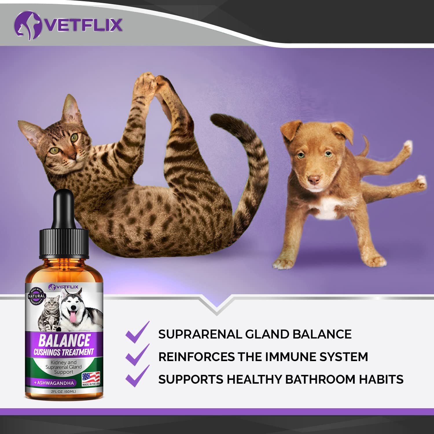 Pet Adrenal Support for Dogs & Cats - Made in USA - Cushings Treatment for Dogs - Cat & Dog Supplement for Kidney Support