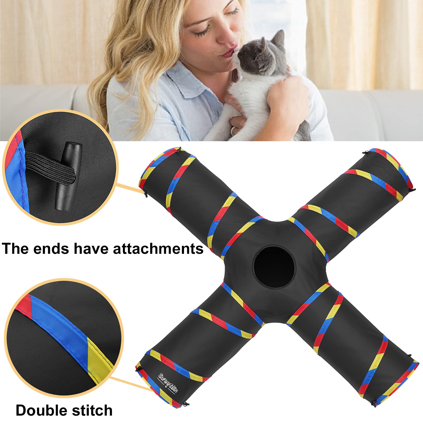 SweetBin Cat Tunnel Toy - 4 Way Large 47" Indoor Cat Tube, 10" Diameter, Black with Play Ball & Mouse