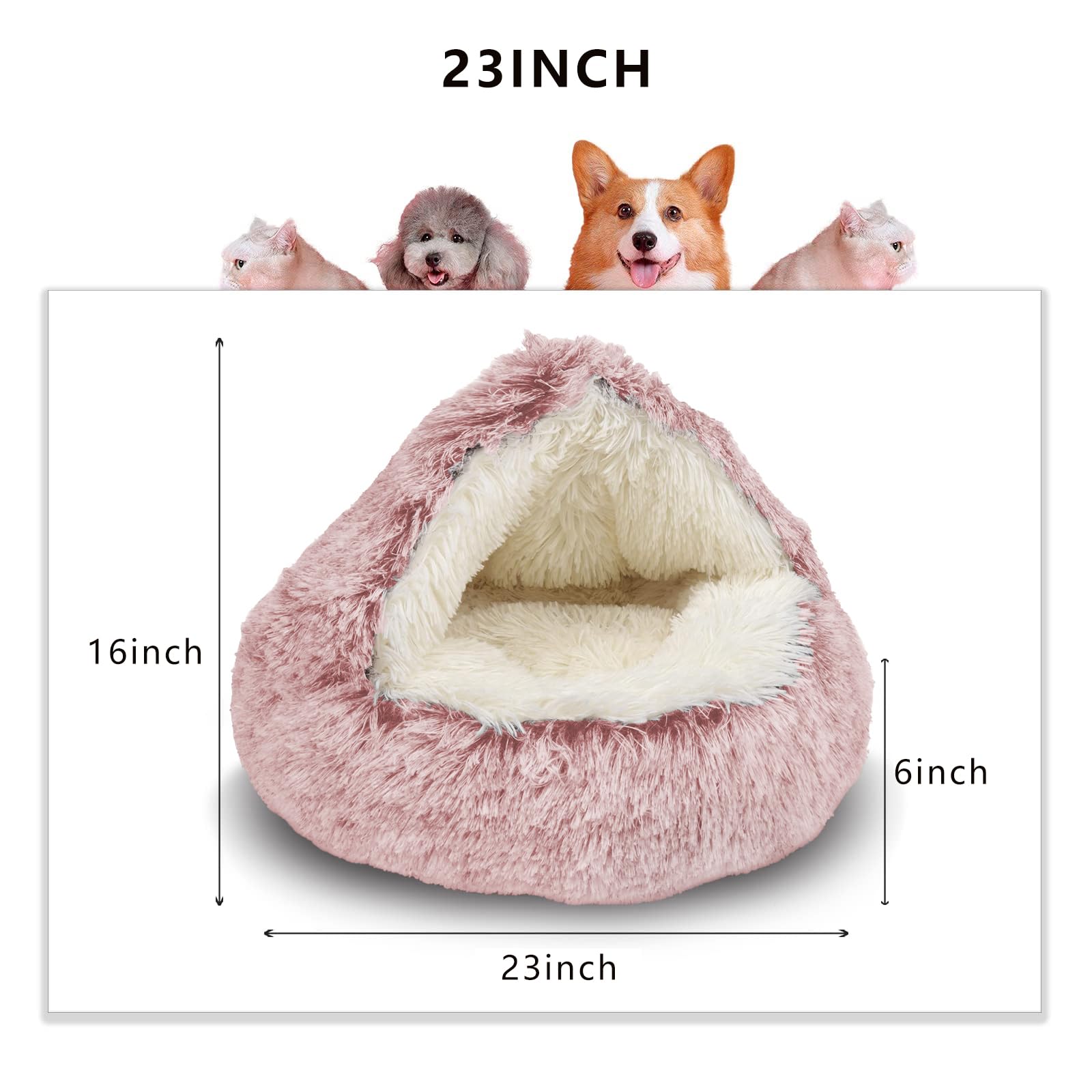 Shinhye Cozy Cat Bed - Round Plush Fluffy Hooded Cave, Indoor/Outdoor, Waterproof & Washable, Calming Anti-Anxiety Design - 23X2