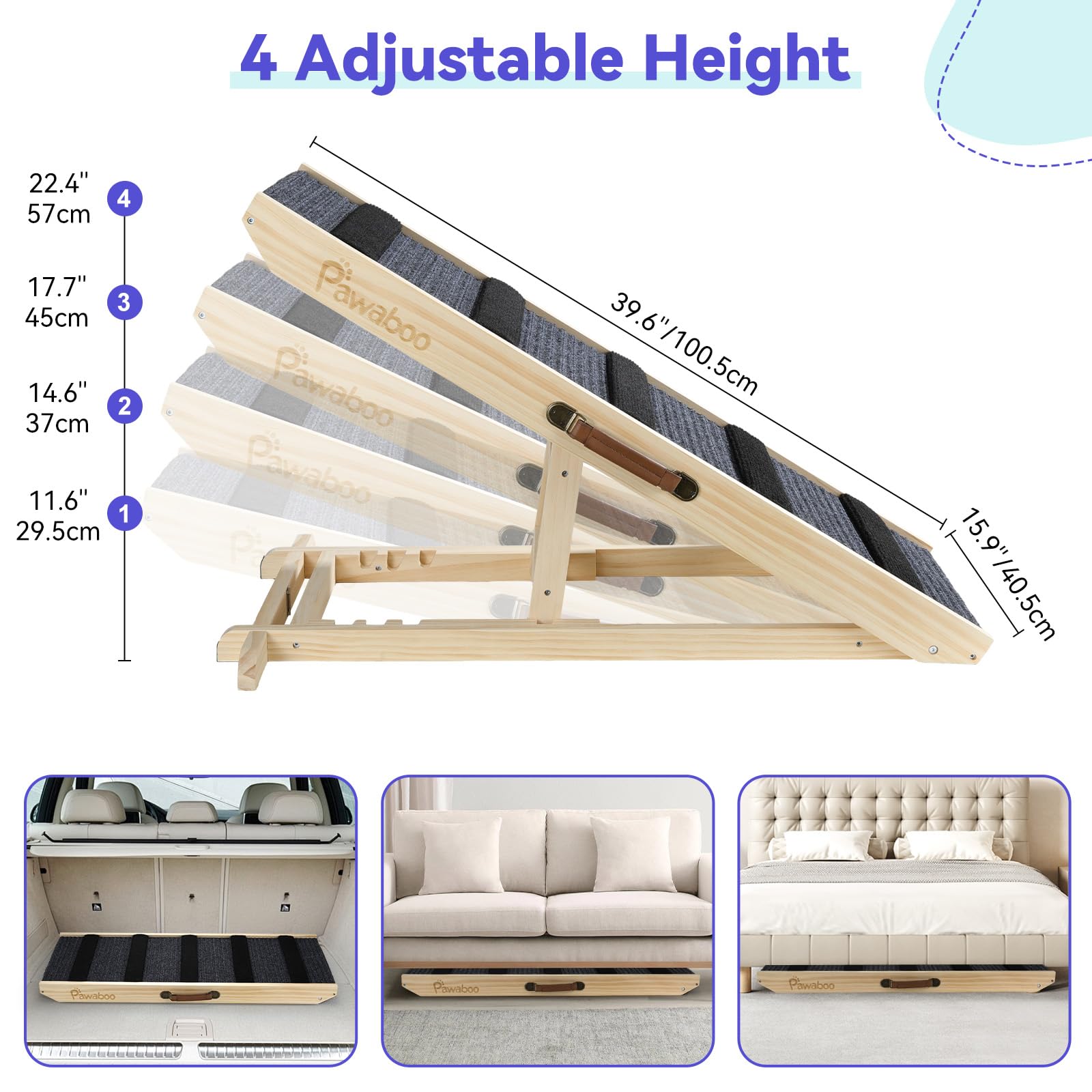 Large Dog Ramp for Bed Couch, Extra Wide Portable Wooden Pet Ramp, 4 Adjustable Height from 11.6 to 22.4, Pet Step for Small
