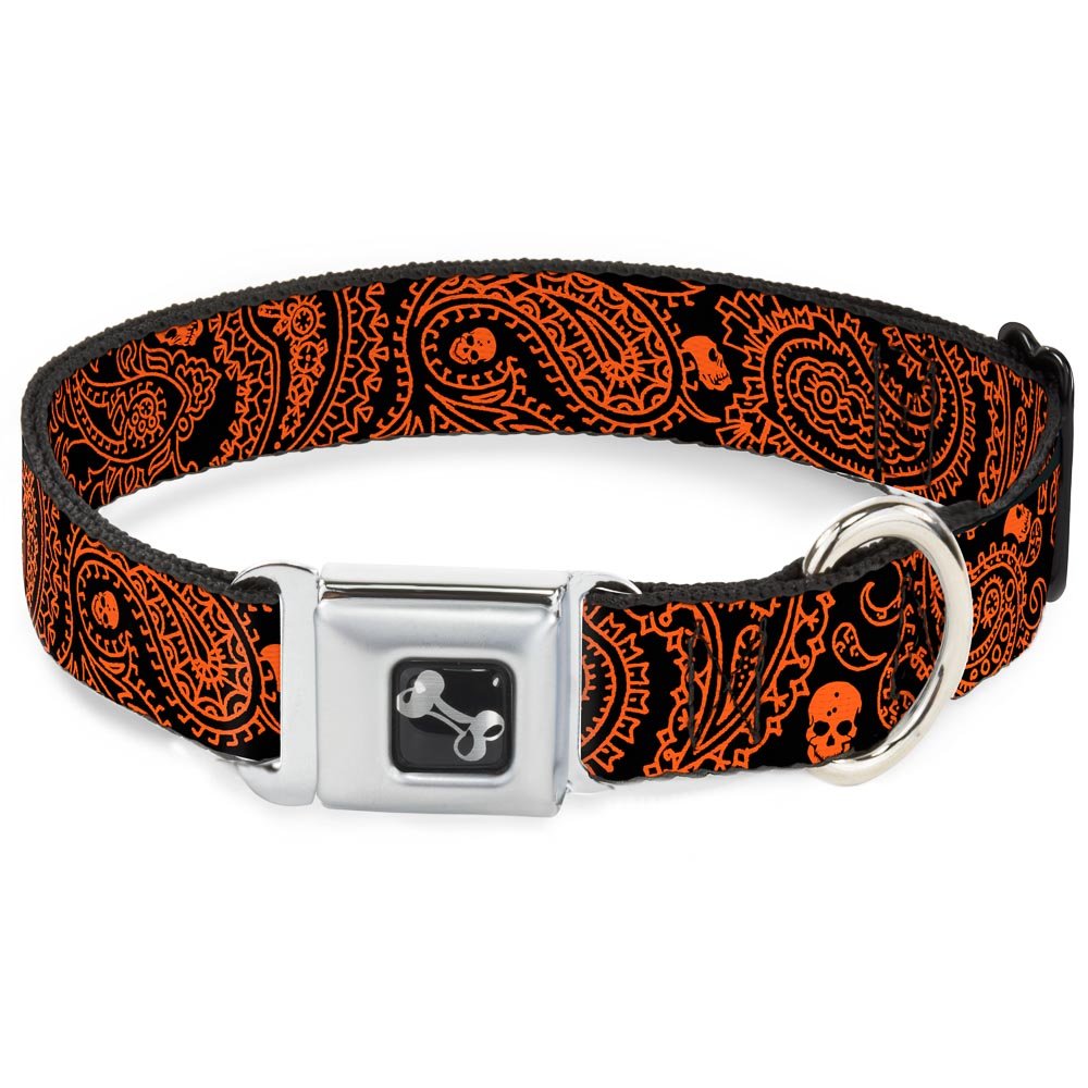 Dog Collar Seatbelt Buckle Bandana Skulls Black Orange 11 To 17 Inches 1.0 Inch Wide