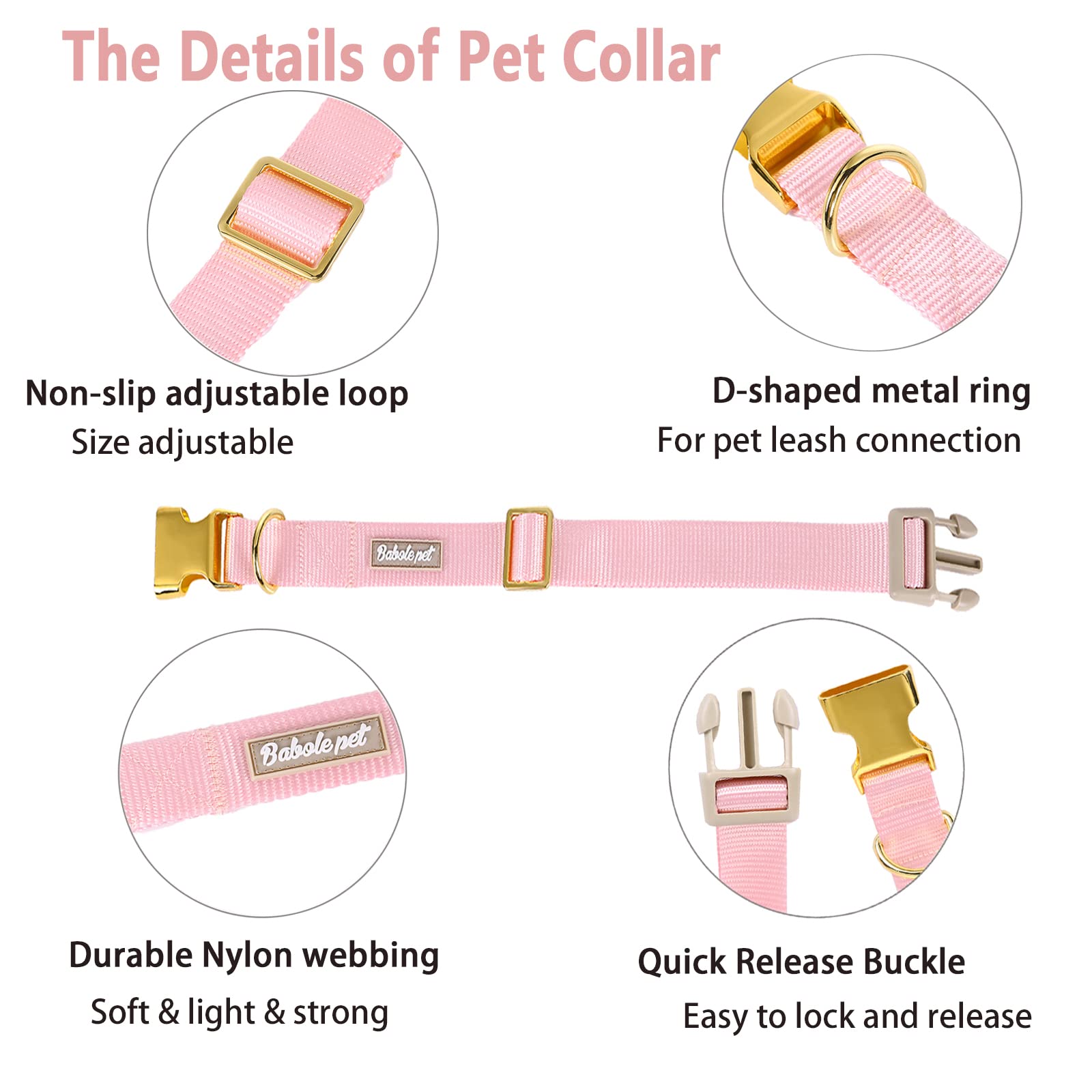Babole Pet Nylon Dog Collar - Adjustable Pink Soft Webbing Dog Collars For Small Medium Large Dogs Boy Girl Puppy Collar With Sa