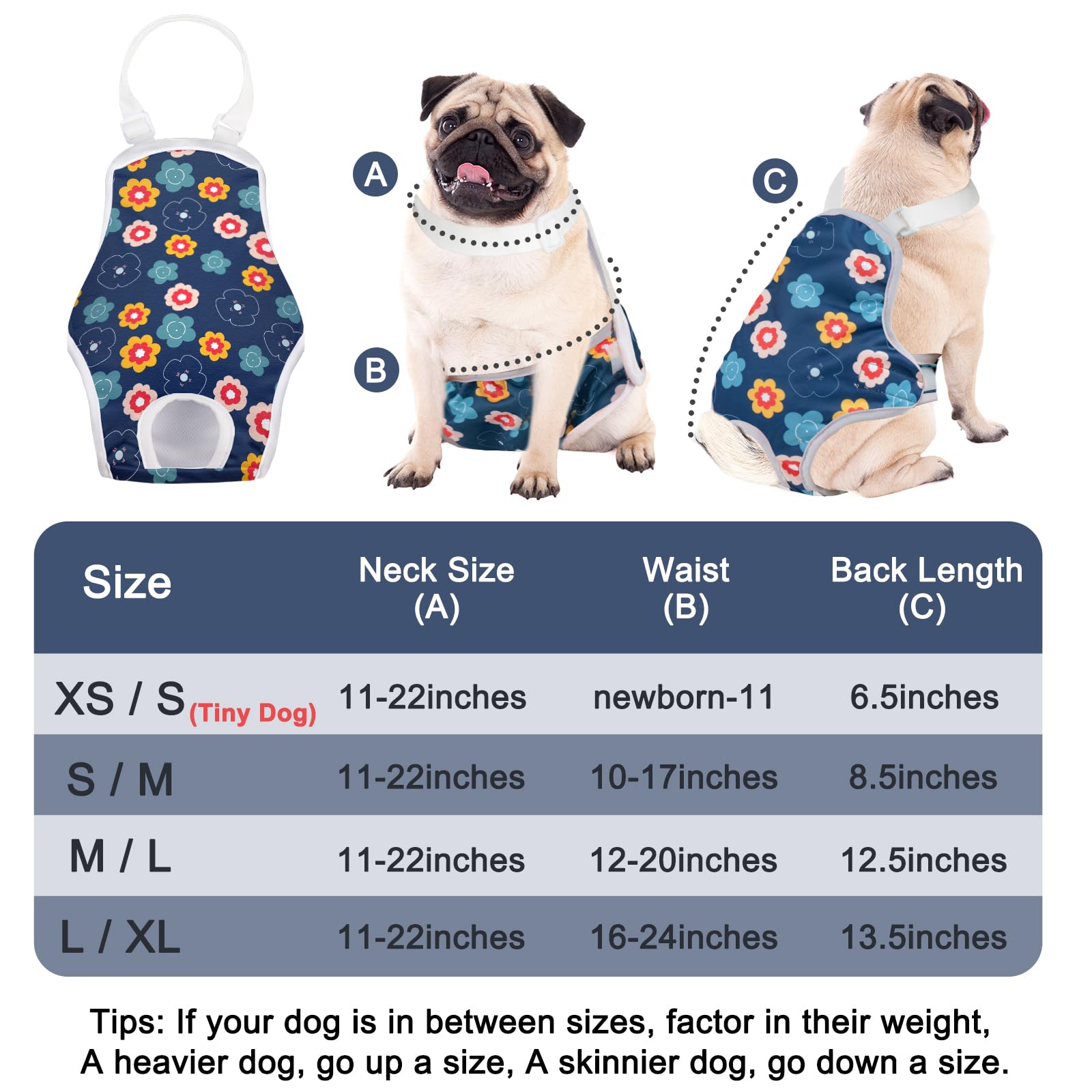 MICOOYO Dog Diaper Onesie for Female Dogs - Adjustable, Washable, Floral, L/XL, Model DP1