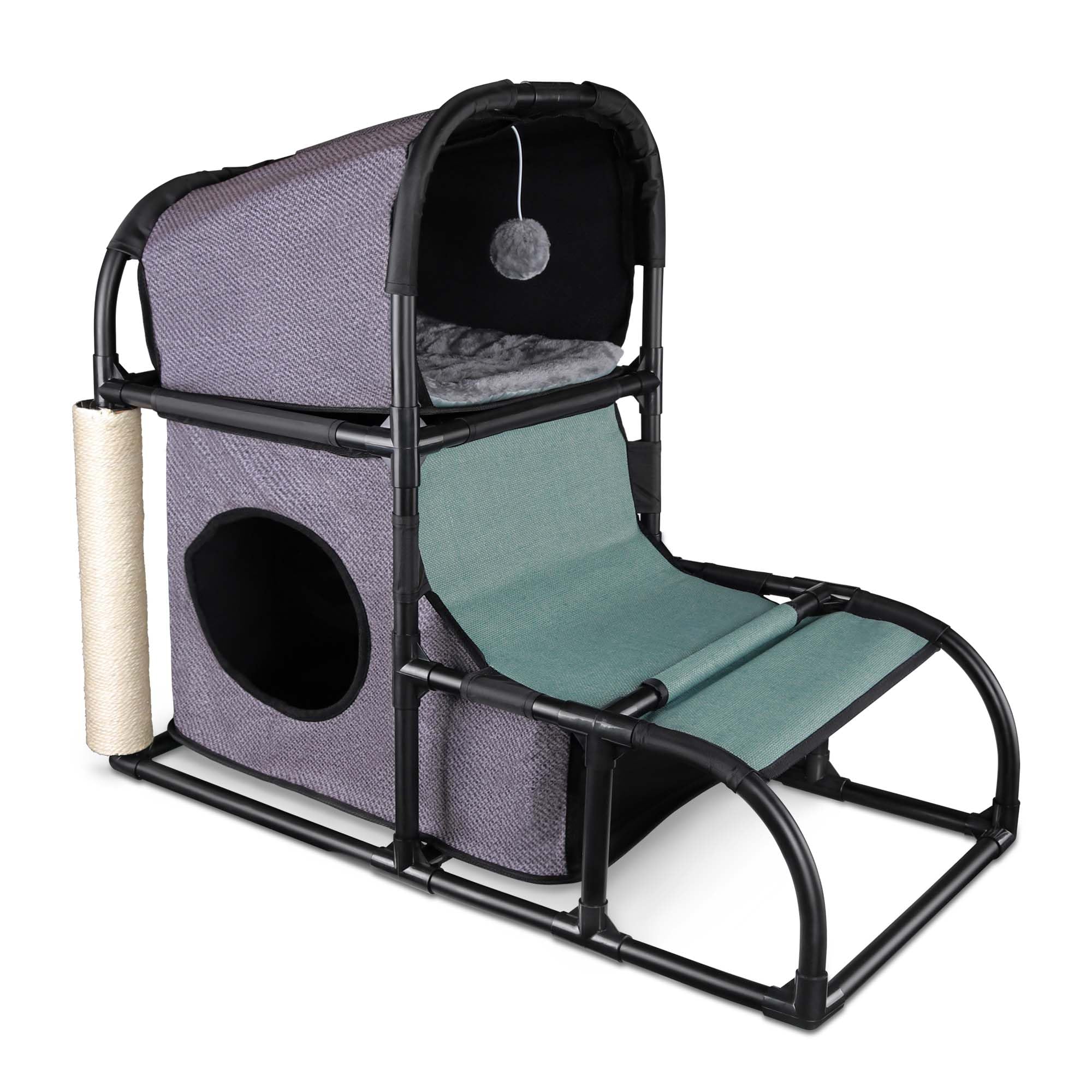 Goetland PVC Modern Cat Condo Cat House Cat Tree Medium Cat Tower Bed Scratching Post Climber Peek Dangling Ball Hole for Kitty 