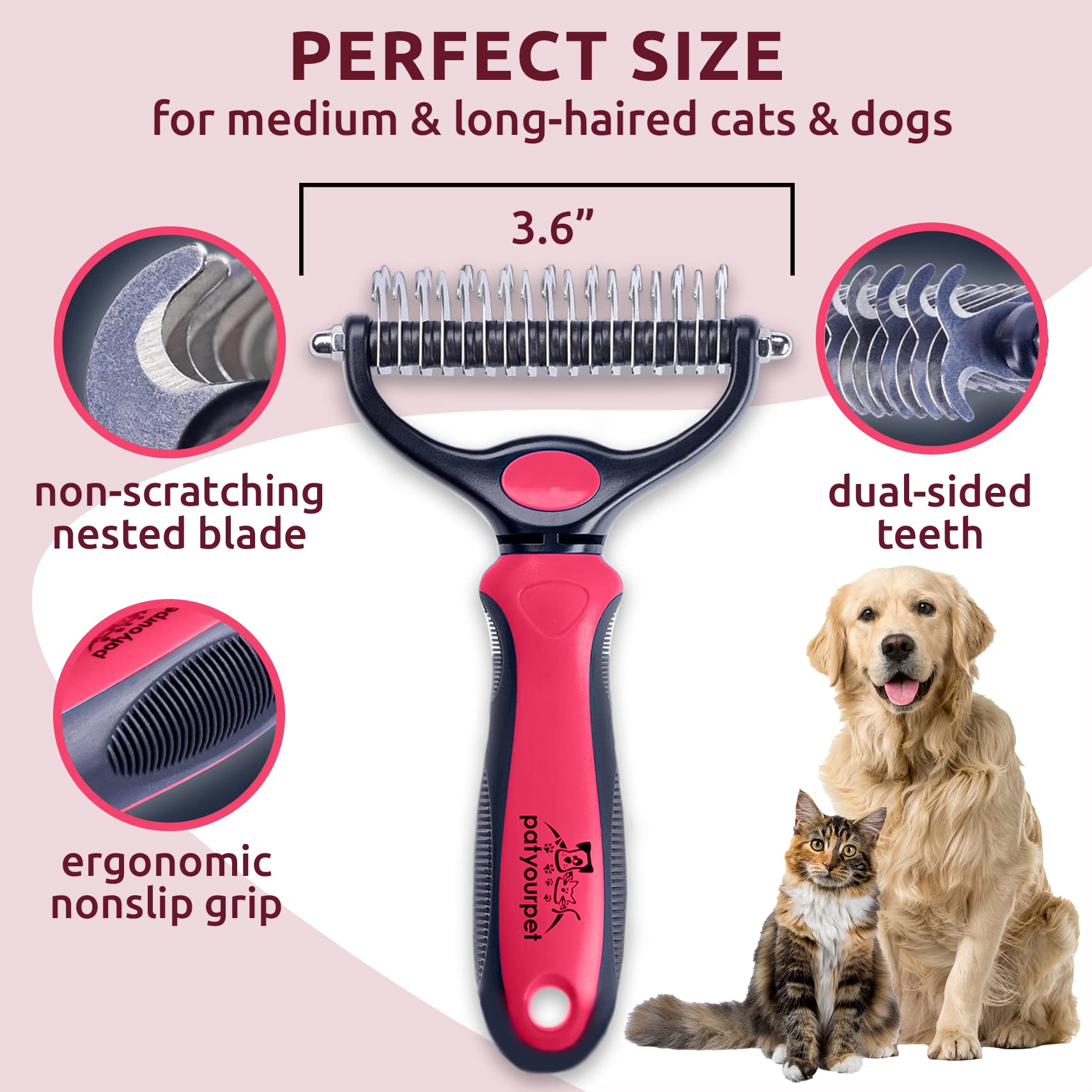 Pat Your Pet Deshedding Brush - Double-Sided Undercoat Rake For Dogs & Cats - Shedding Comb And Dematting Tool For Grooming, Extra Wide