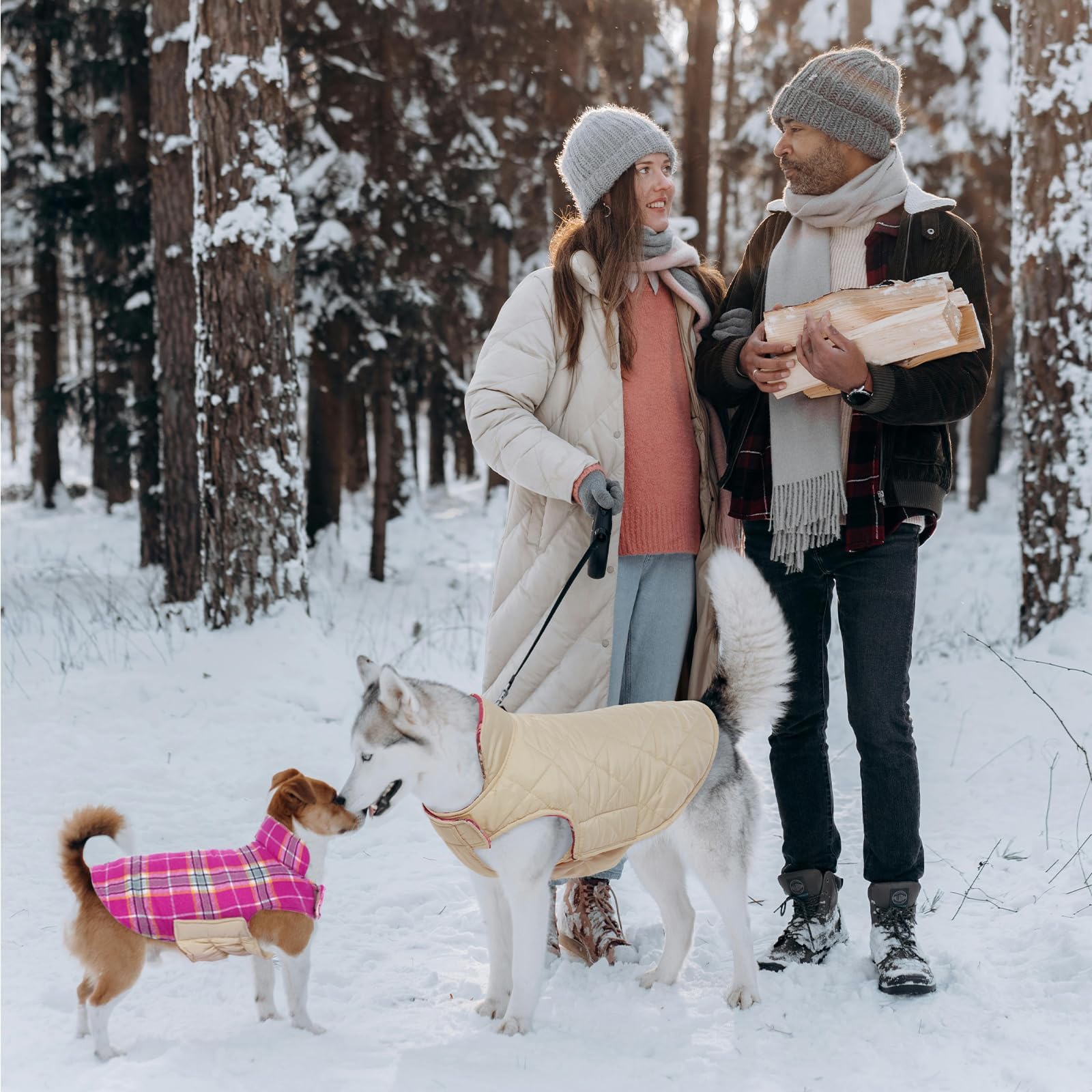 Kuoser Warm Dog Coat, Reversible Dog Jacket Waterproof Dog Winter Coat British Style Plaid Dog Clothes Pet Dog Cold Weather Coats Cozy Snow Jacket Vest For Small Medium Large Dogs Christmas Rose L