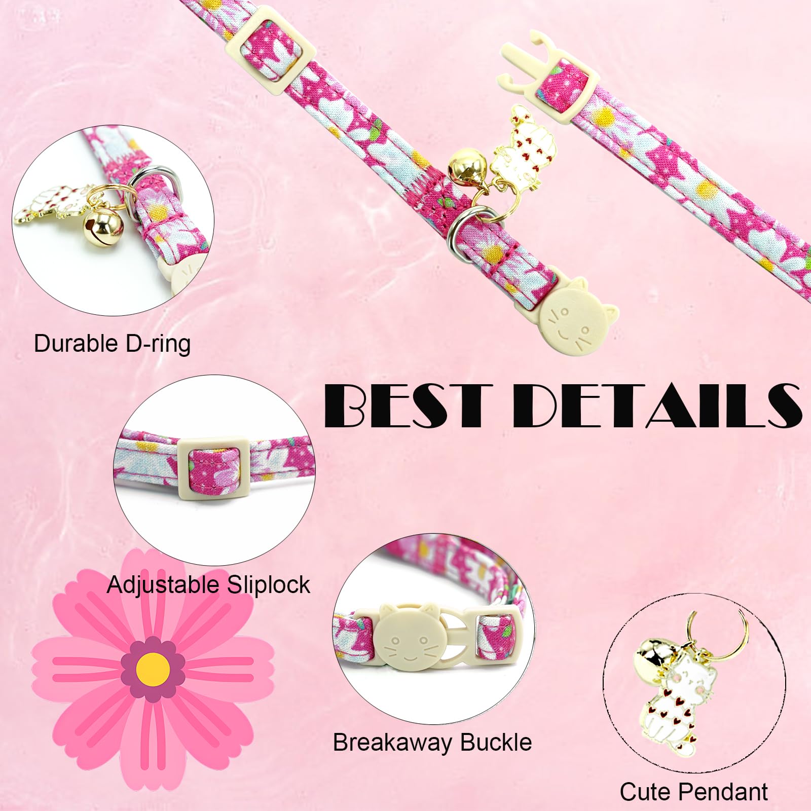 Elegant Little Tail 2 Pack Cat Collar-Pink Floral Print Cotton Breakaway Cat Collars With Bell Pendant Kitten Safety Adjustable
