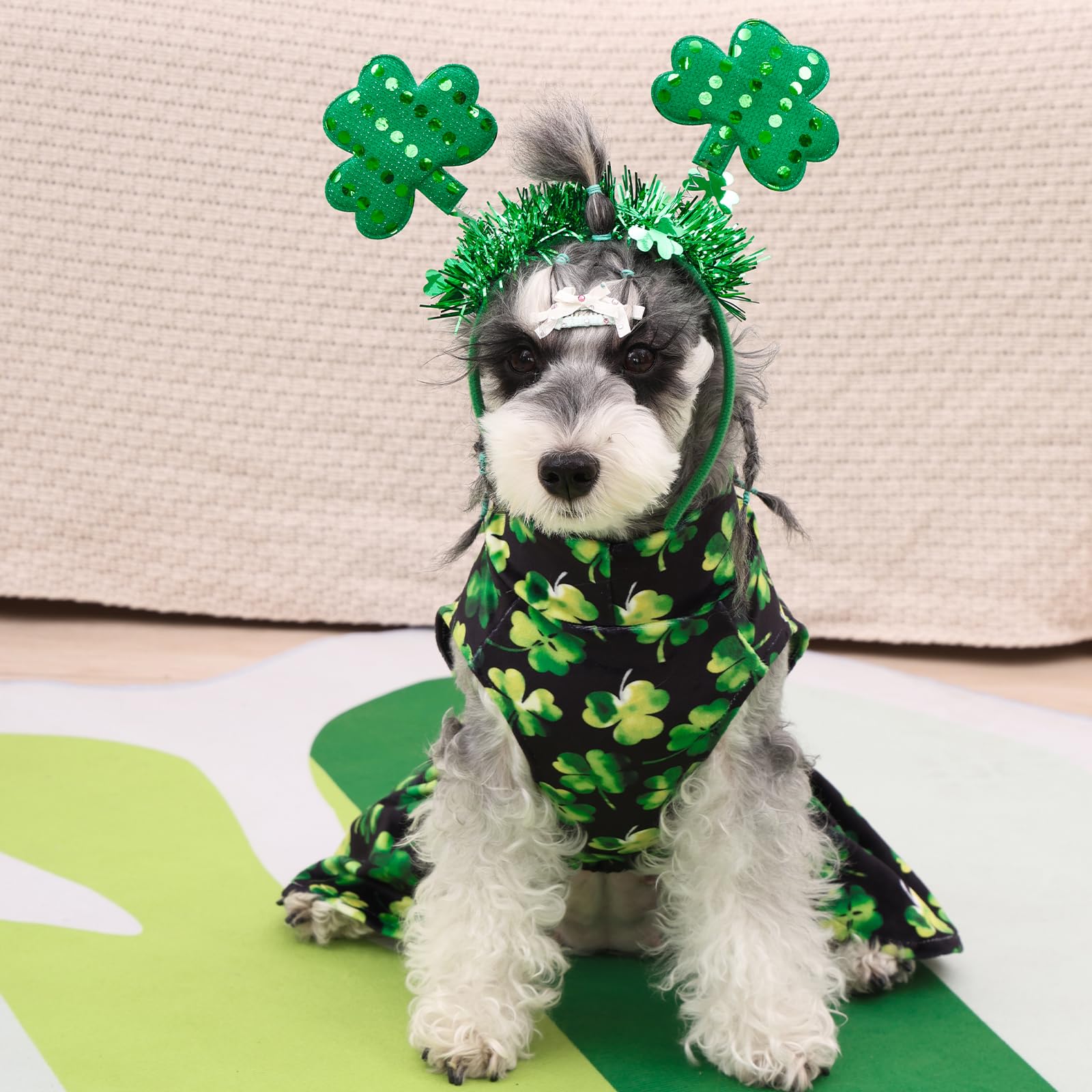 Cutebone Turtleneck Dog Velvet Dress St. Patrick'S Day Four Leaf Clover Puppy Skirt Costume Pet Clothes Cat Apparel With Bow Hai