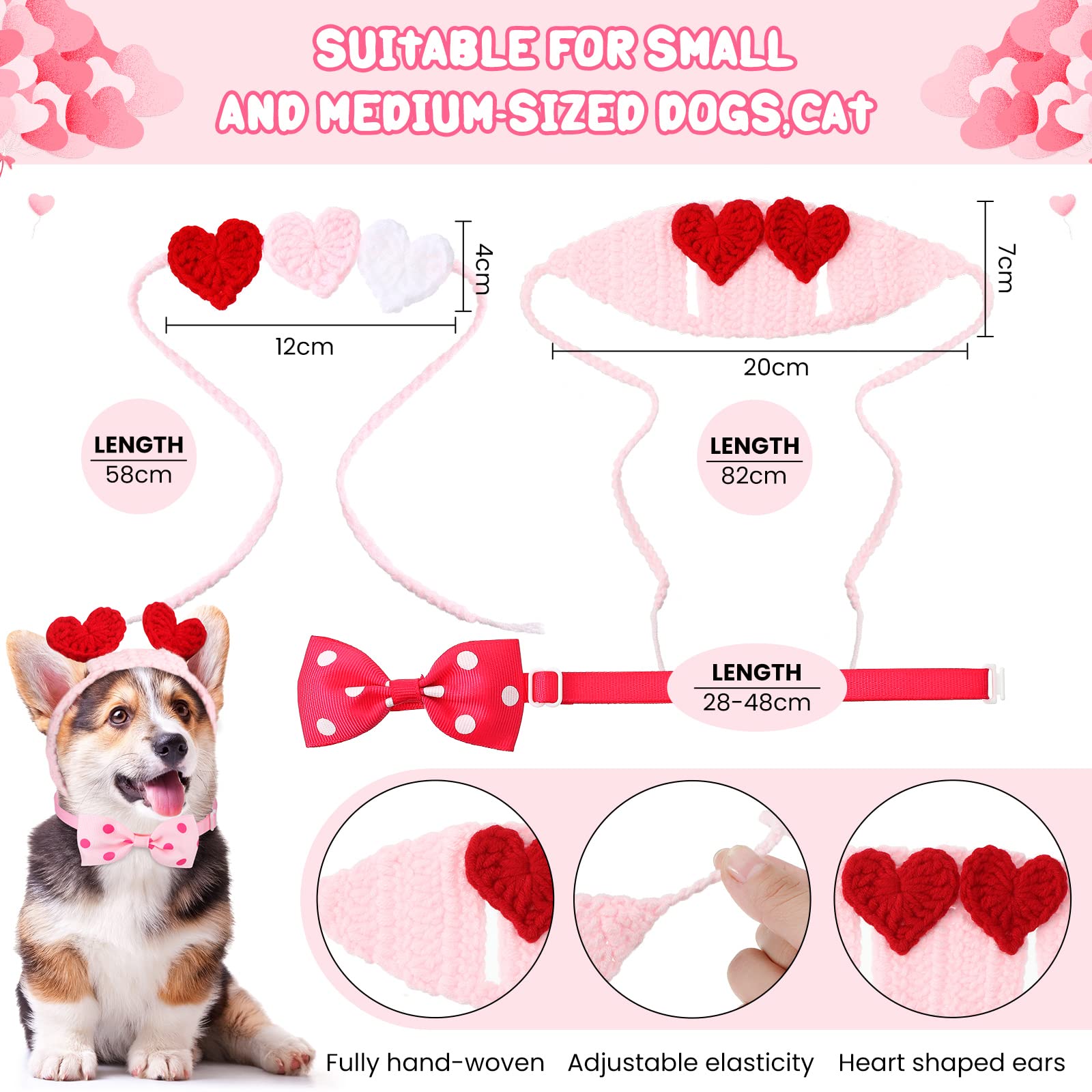 Mtlee 2Pcs Valentines Day Heart Headband For Cat And 2Pcs Pet Neck Bow Cat Valentines Day Headband With Ear Holes And Chin Strap