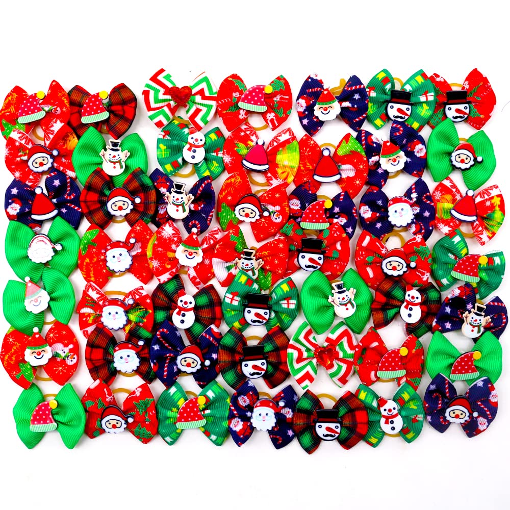 Masue Pets 20Pcs/Pack Dog Hair Bows For Christmas With Rubber Bands Dog Bows Bowknot Snowman Snowflakes Christmas Dog Bows Snowman Dog Topknot Bows Pet Grooming Products