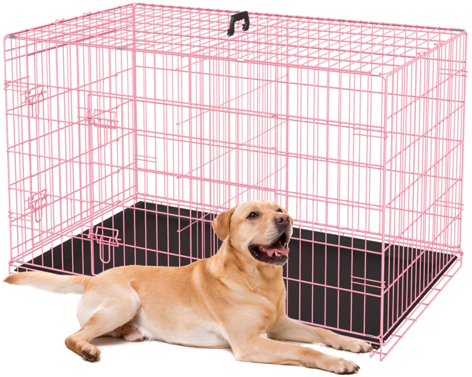 Home For Pets Dog Crate Cage Extra Folding Large Double Door Pet Crate,Includes Divider And Tray,48,Pink