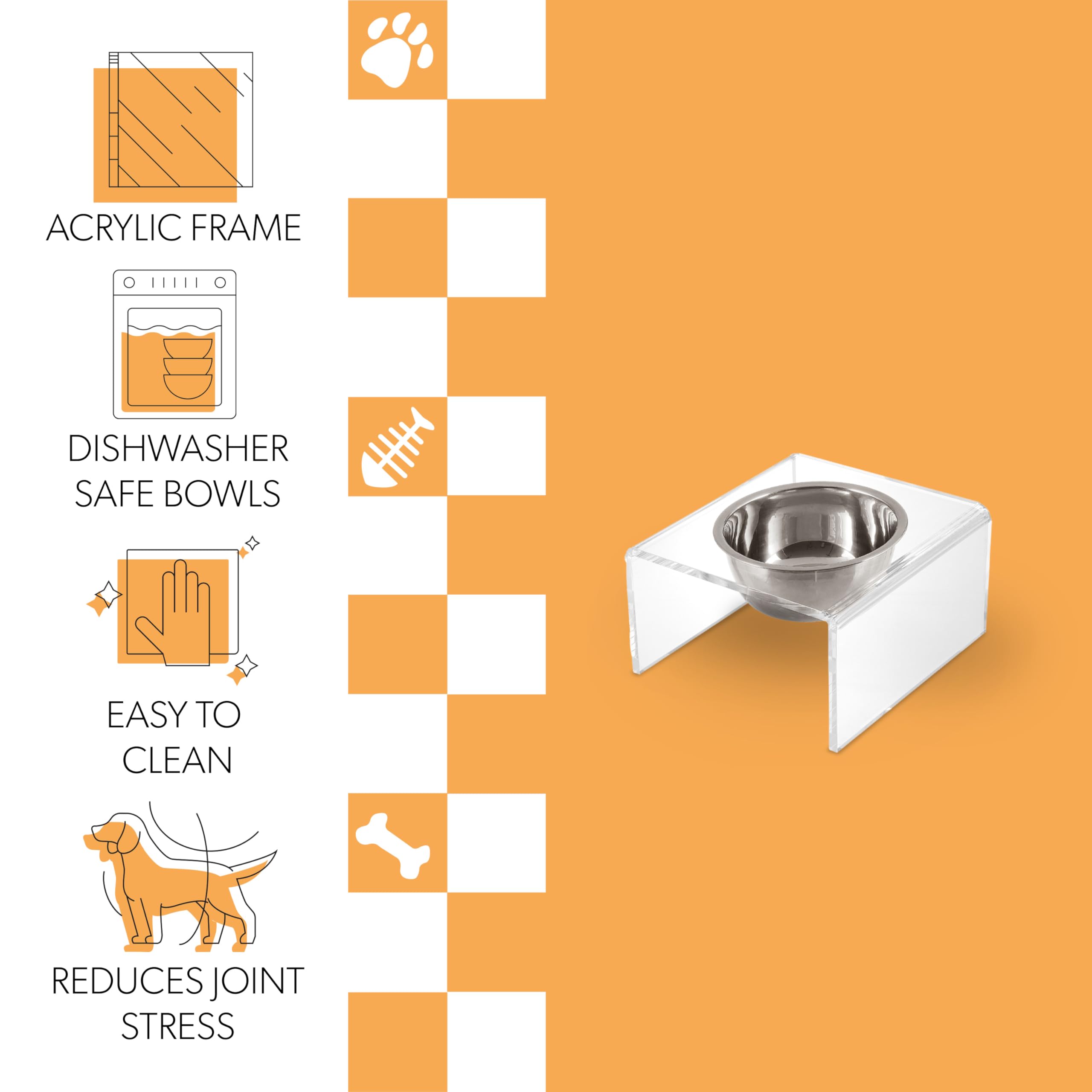 The LICKER Store DBL2002A Keaton 5 Small/Medium Modern Acrylic Rectangular Elevated Pet Feeder with 20oz 1-Stainless Steel Bowl,