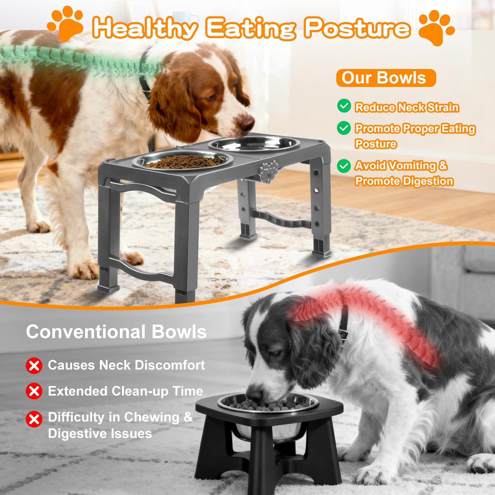 Elevated Dog Bowl Stand Foldable with Dual 7.8 Stainless Steel Bowls, 5 Adjustable Heights (3.9-13.4), Anti-Slip Portable Travel