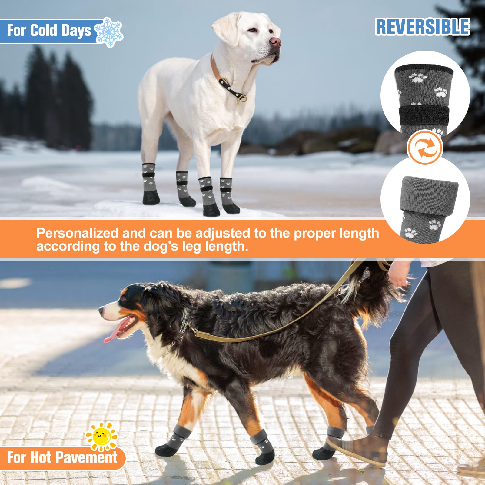 BEAUTYZOO Dog Socks Boots, Waterproof Grip Paw Protectors, Large, Grey Paw Pattern, 80% Cotton for Hot/Cold Pavement & Hardwood Floors