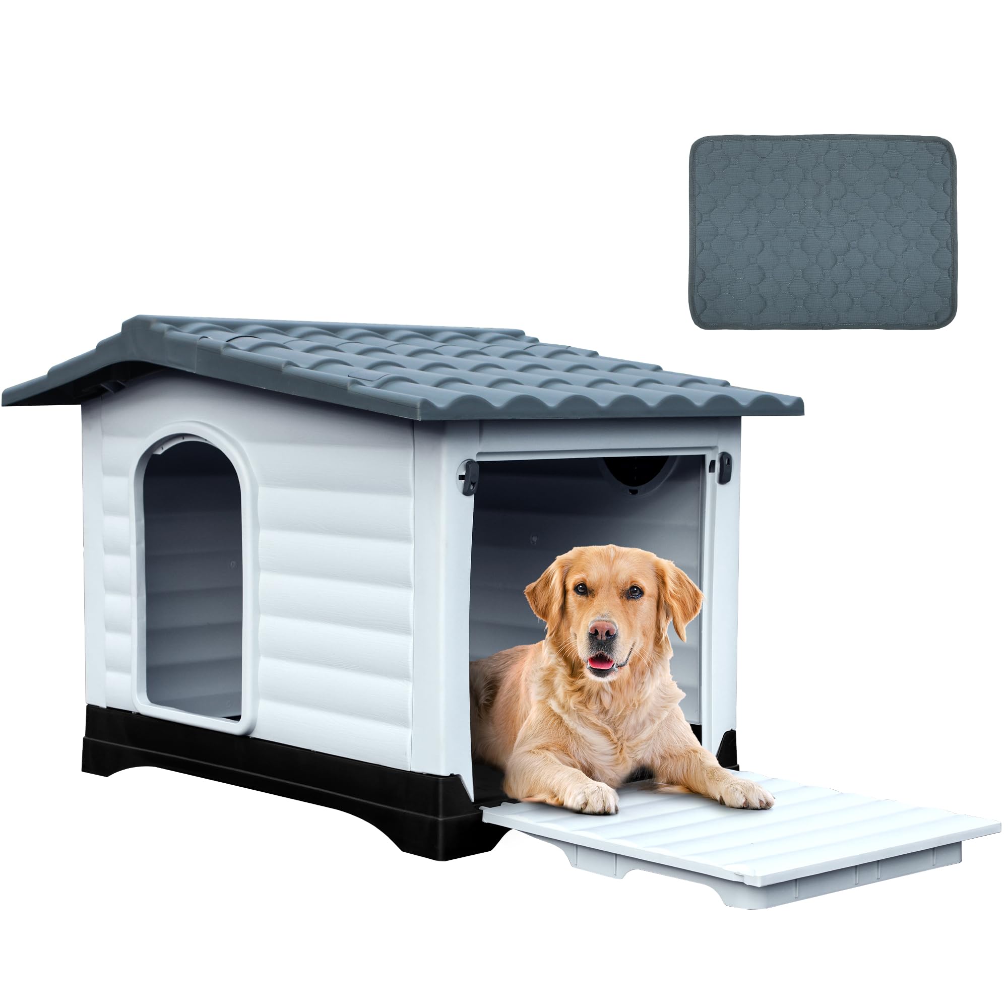 Yitahome 43.7'' Large Double Door Dog House With Porch & Cushion, Outdoor Plastic Doghouse With Elevated Base, Easy To Install, 