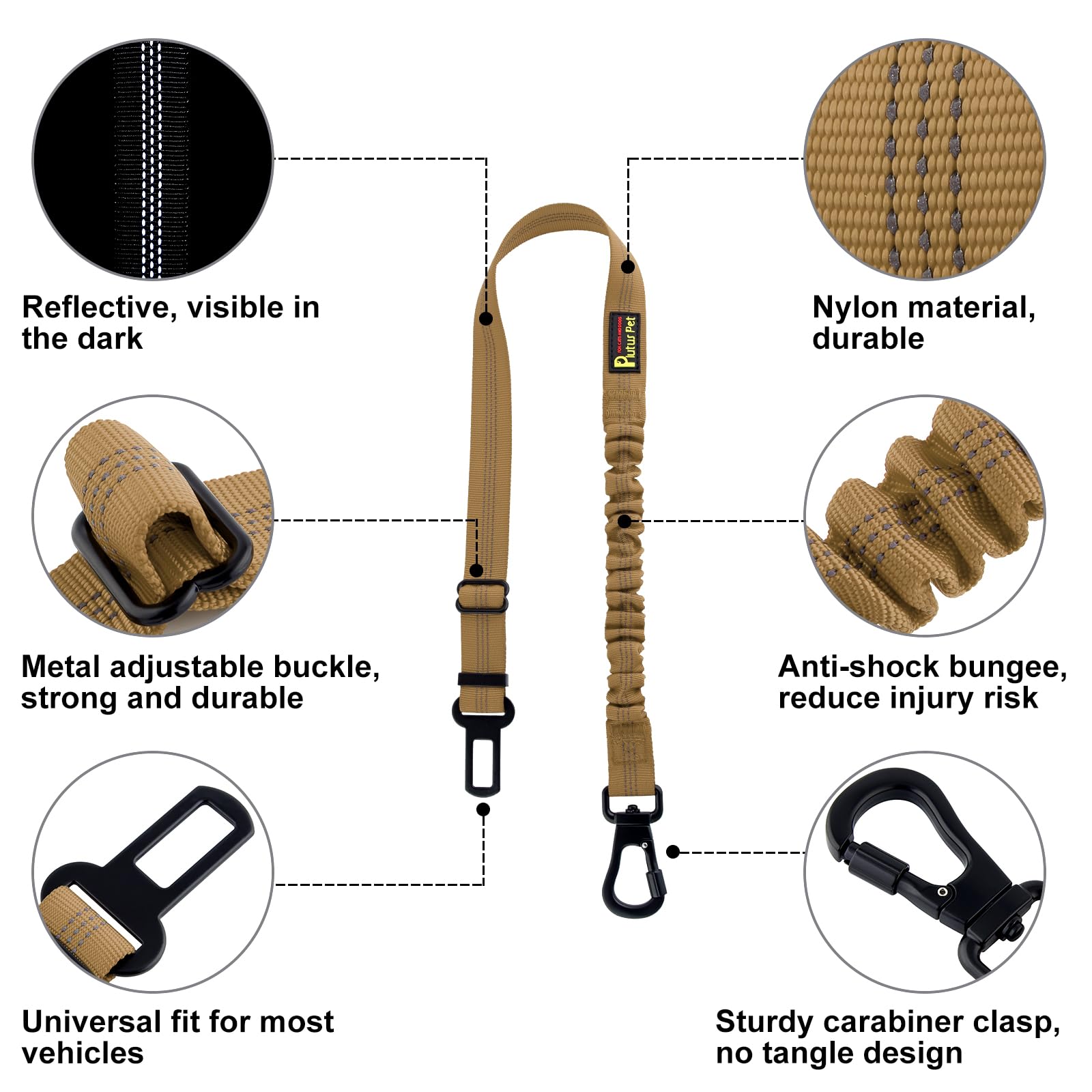 Plutus Pet Dog Seat Belt for Car, Adjustable Dog Car Harness with Carabiner Clip, Reflective Dog Seatbelt Leash with Elastic Bun