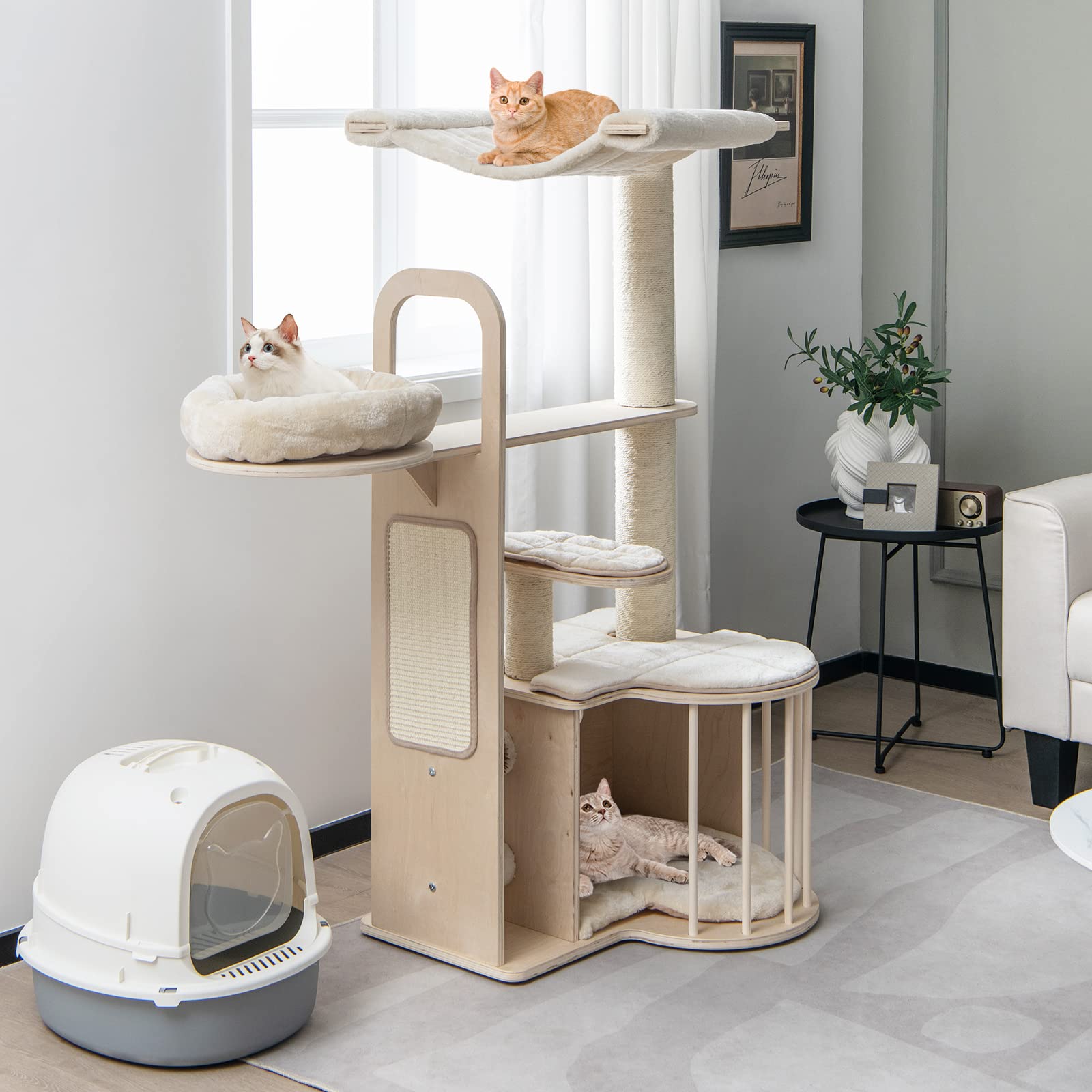 Tangkula Tall Cat Tree For Indoor Cats, 55 Inch Multi-Level Cat Tower Activity Center With Hammock, Cat Condo, Sisal Scratching Posts & Washable Cushions, Wooden Modern Cat Tree Houses For Large Cats