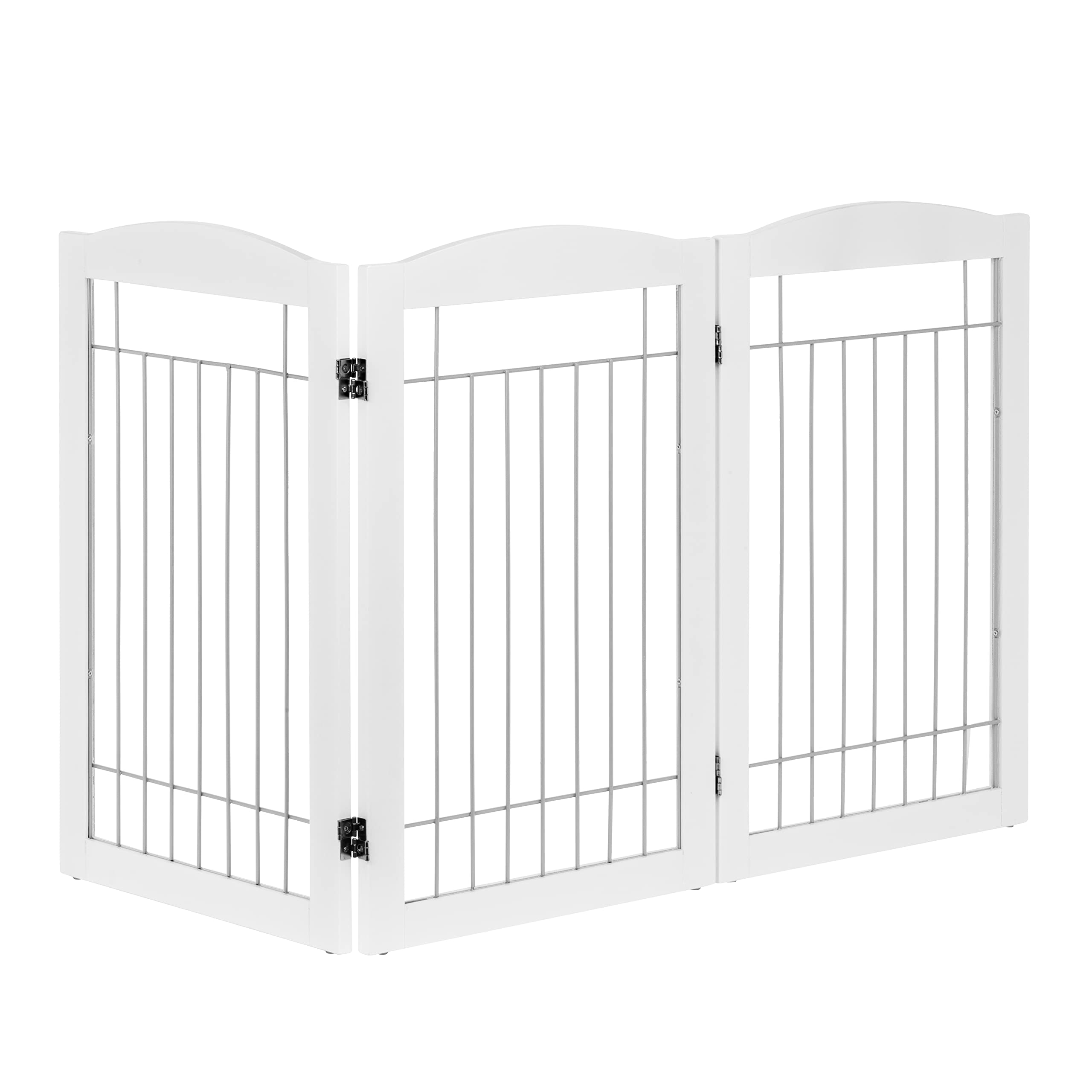 Spirich Freestanding Wire Pet Gate - 3 Panels, 60"W x 30"H, Sliver Wood, Extra Wide Dog Safety Gate for Doorways & Stairs