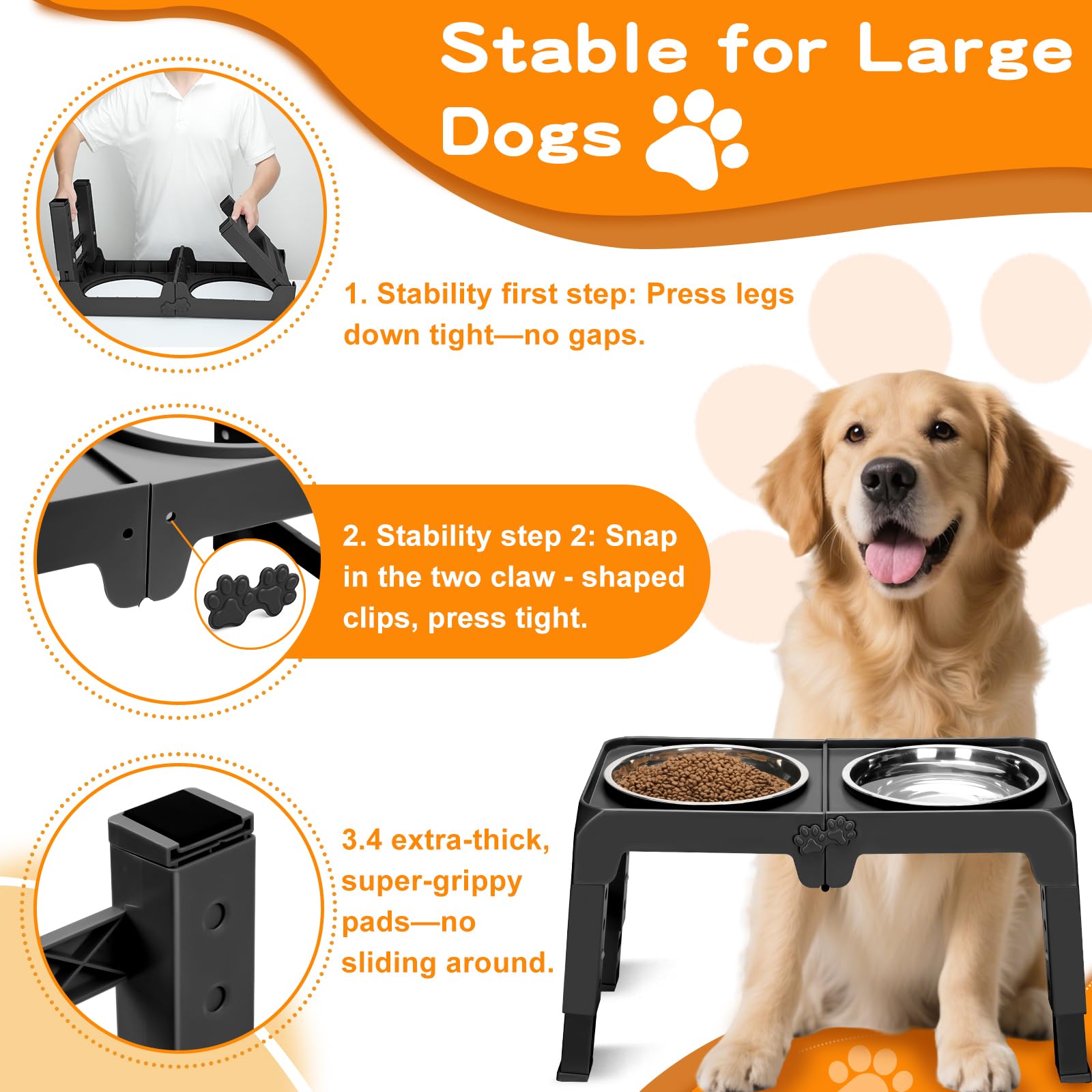 Elevated Dog Bowl Stand for Large Dogs - 2 Extra Large 10    Stainless Steel Bowls, 5 Adjustable Heights(7.5-15.4), Foldable Non