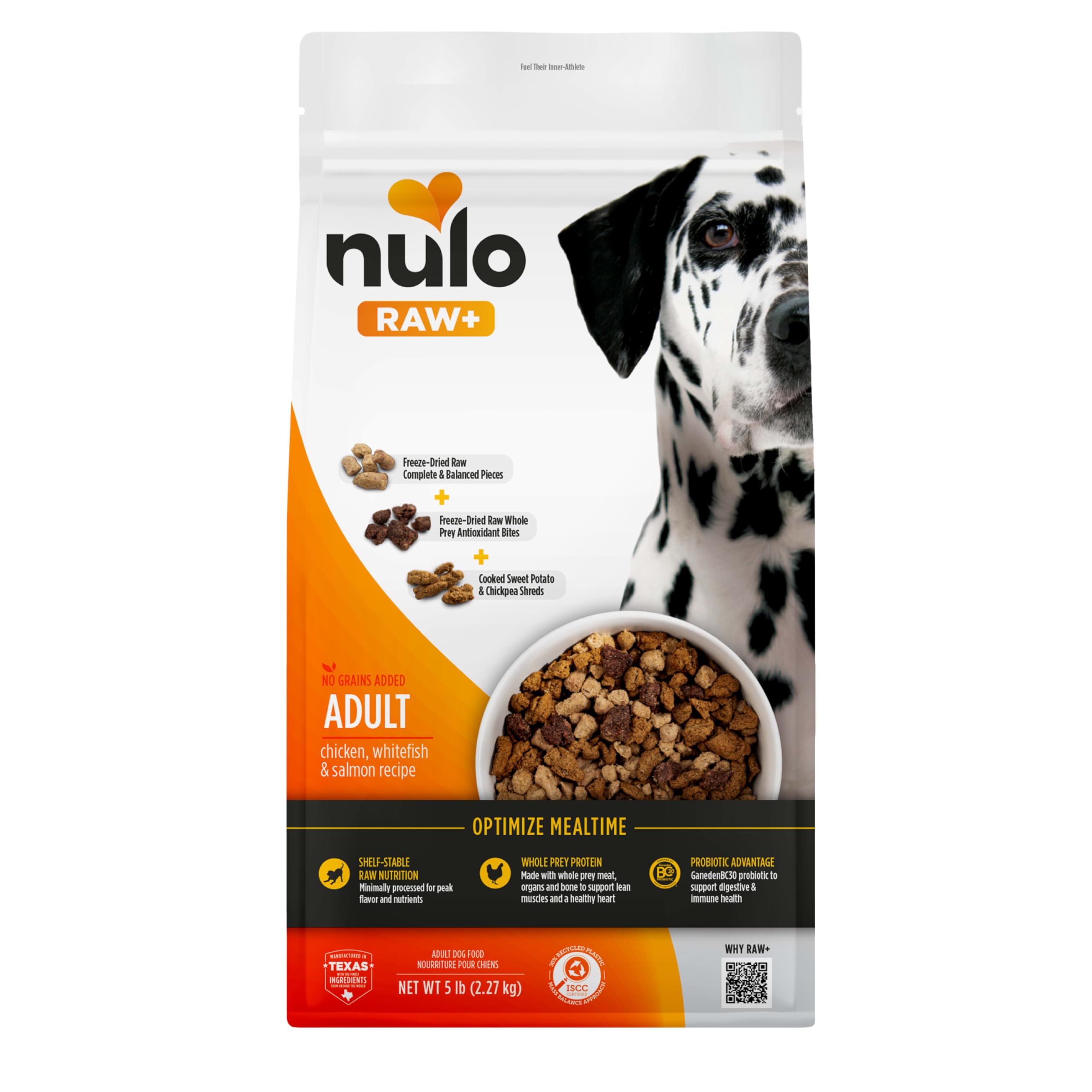 Nulo Freeze-Dried Raw+ Adult Dog Food, Chicken, Whitefish and Salmon, 5 lb Bag