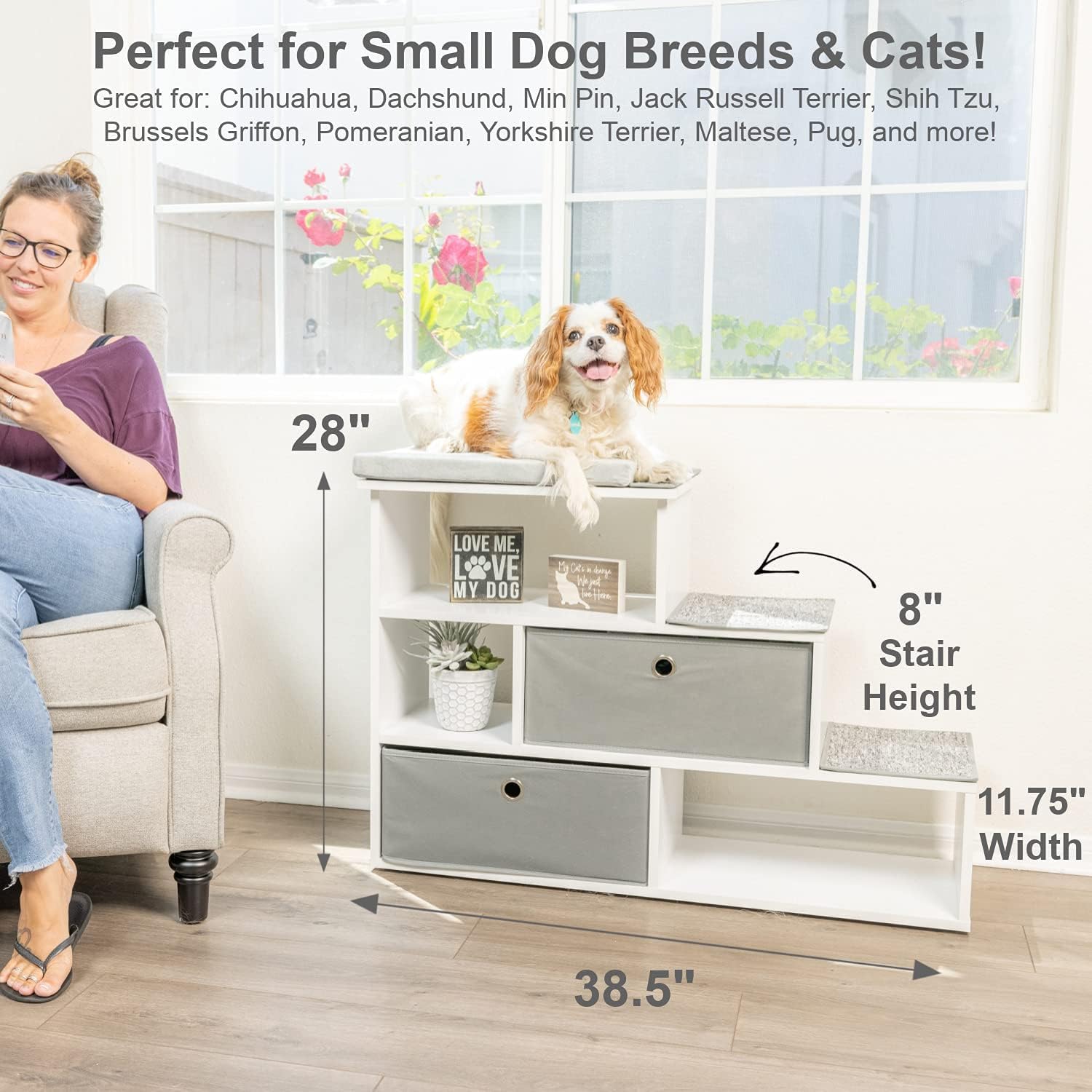 Petfusion Pet Step Window Perch Bookshelf W/ Storage Baskets 28    Tall Dog And Cat Perch, 8    Stair Height Multi-Functional Mo