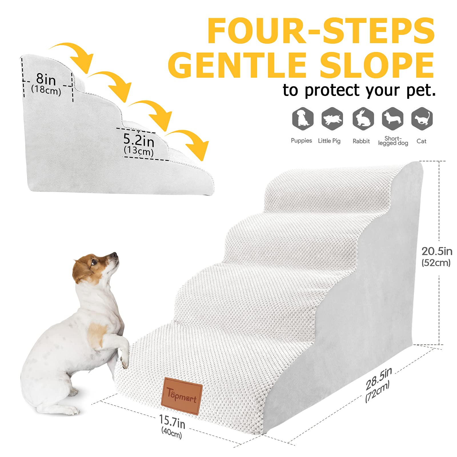 Topmart High Density Foam Dog Steps 4 Tiers,Extra Wide Deep Pet Steps,Non-Slip Pet Stairs,Dog Ramp For Bed,Soft Foam Dog Ladder,