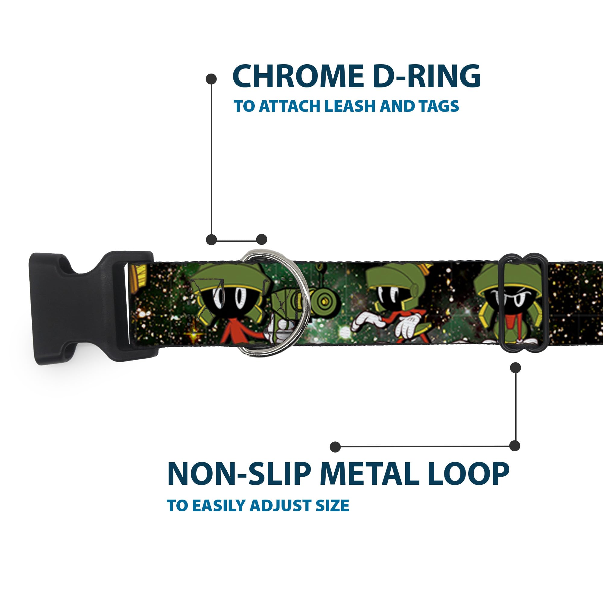 Dog Collar Plastic Clip Marvin The Martian 4 Poses Galaxy 9 To 15 Inches 1.0 Inch Wide