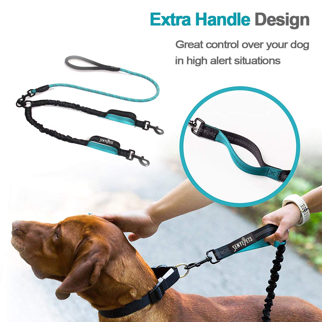 Double Dog Leash Swivel No Tangle Double Dog Walking Training Leash Comfortable Shock Absorbing Reflective Bungee For Two Dogs