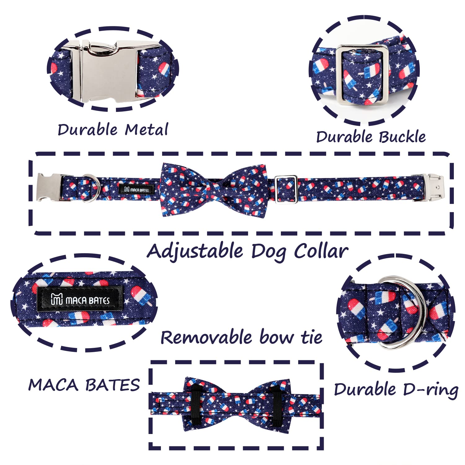 Maca Bates American Flag 4Th Of July Dog Collar With Bow Tie For Dogs Bowtie 4 Of 7 Summer Blue Adjustable Durable Patriotic Col