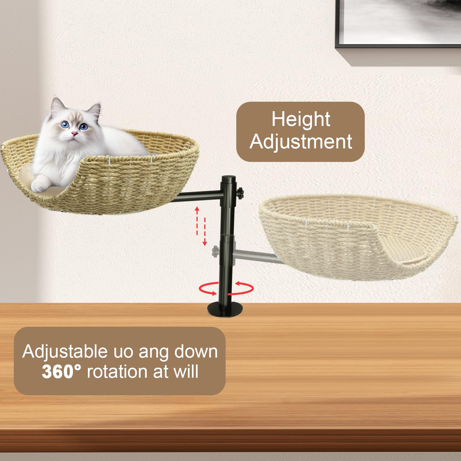 Theyfirst Handmade Cat Desk Bed For Indoor Cats, 360 Rotation Cat Bed Desk With Adjustable Mount, Pet Table Bed For Small Spaces
