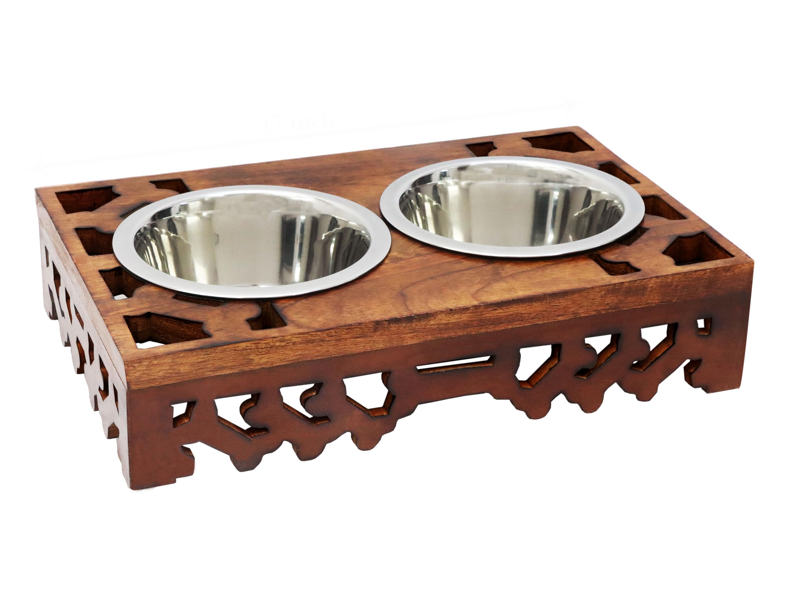 Elevated Pet Feeder for Dogs and Cats - Hand Carved Wood Bones Raised Dog Bowl Stand - Pet Feeding Stand with Two Steel Bowls - 