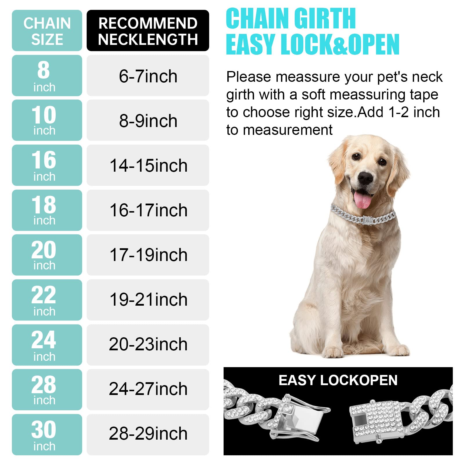 Wimupath Silver-Plated Diamond Dog Collar - Cuban Style Metal Chain With Secure Buckle, Luxury Durable Collar For Small/Medium/L