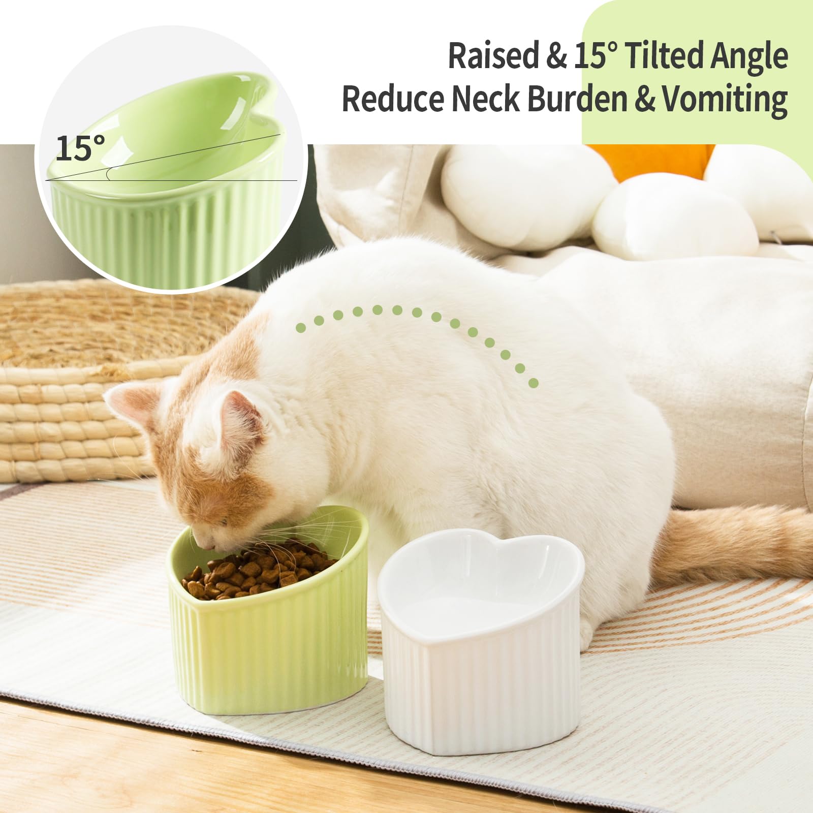 Raised Tilted Cat Food Bowls, Elevated Ceramic Cat Bowls, Love Heart Shape, Slanted Pet Feeding Dishes, Stress Free Feeder Bowl