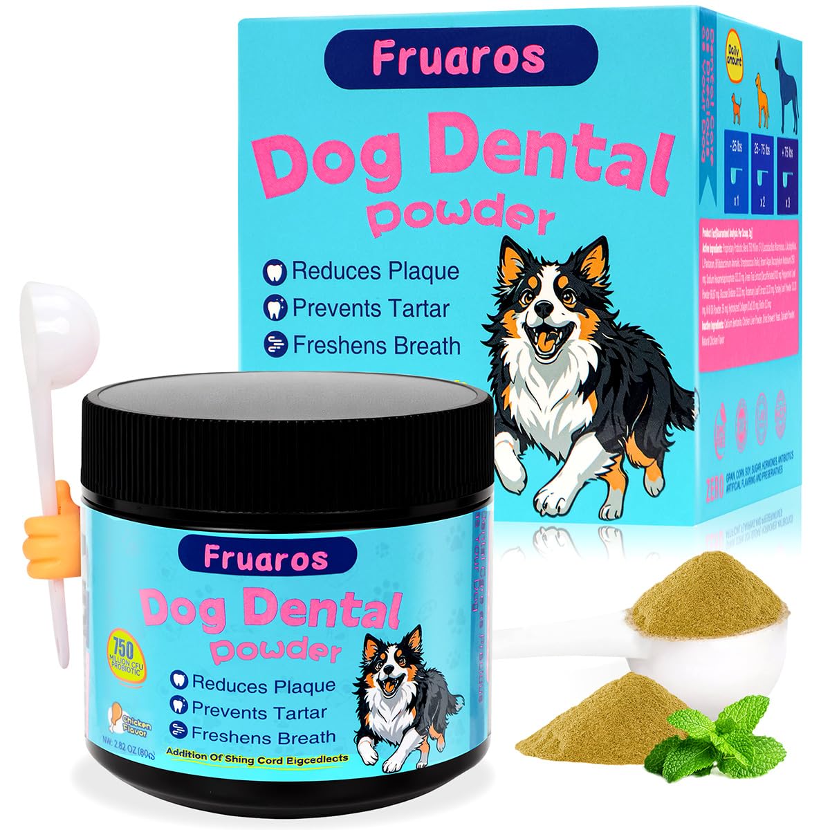 [3-in-1] Dog Dental Powder for Plaque and Tartar Support - 750M CFU Probiotics & Brown Algae Dog Breath Freshener - Vet-Grade Te
