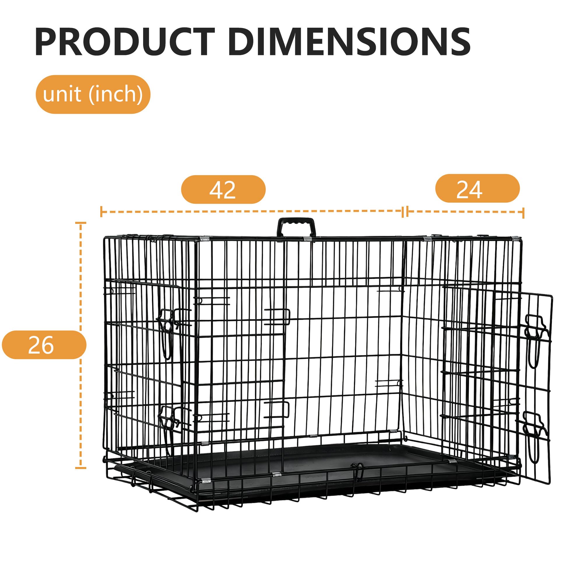 FDW Dog Crate 42-Inch Dog Cage Foldable Metal Kennel with Leakproof Tray Foldable Design Indoor Outdoor Use for Large Dogs,Dark