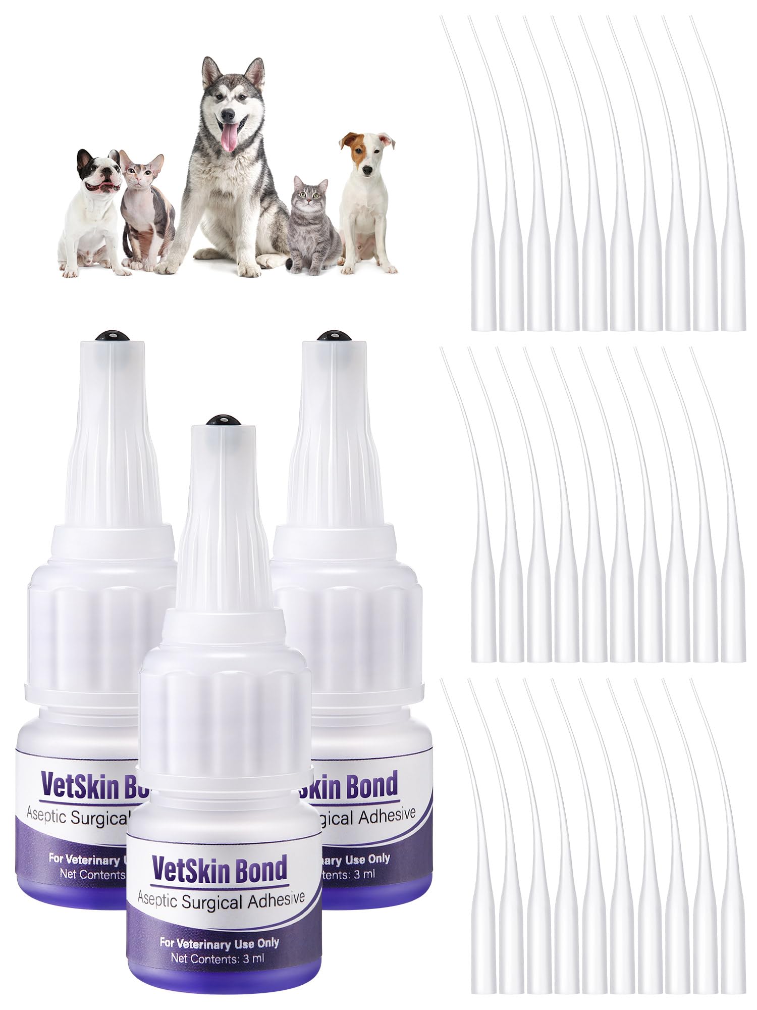 Ceoighe 3 Pack 3ml Veterinary Surgical Skin Glue with 10 Applicators, Strong Surgical Adhesive, Blue-Tinted Fast-Acting Tissue W