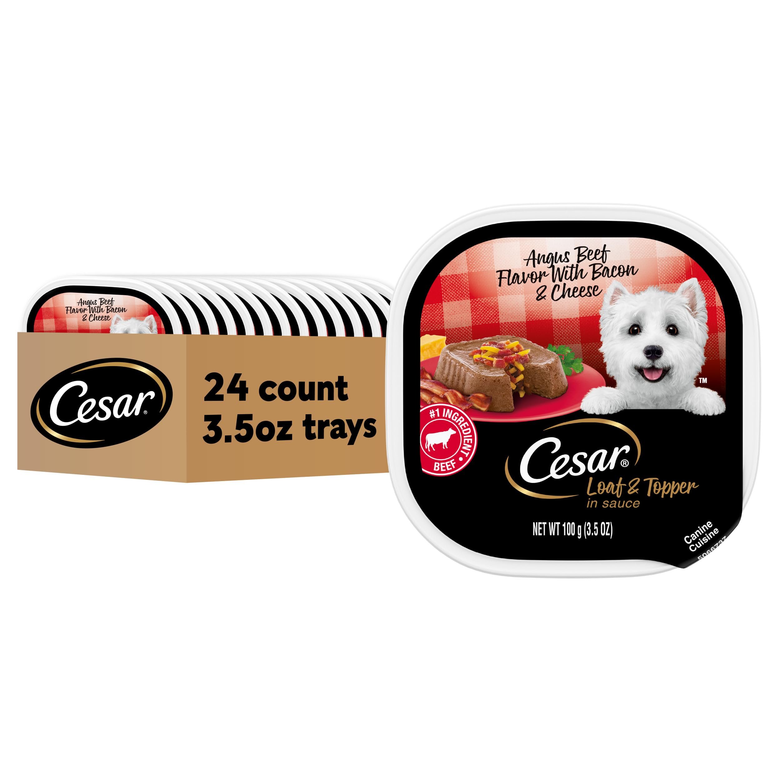 Cesar Wet Dog Food Loaf & Topper in Sauce Angus Beef Flavor with Bacon & Cheese, 3.5 oz. Easy Peel Trays (24 Count, Pack of 1)