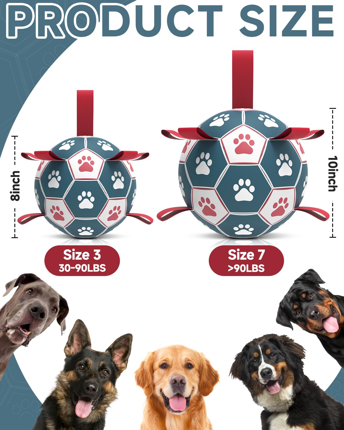 Qdan Dog Toys Soccer Ball With Straps - Durable Dog Balls For Giant Extra Large Dogs, Outdoor Dog Toys, Dog Water Toy, Herding B