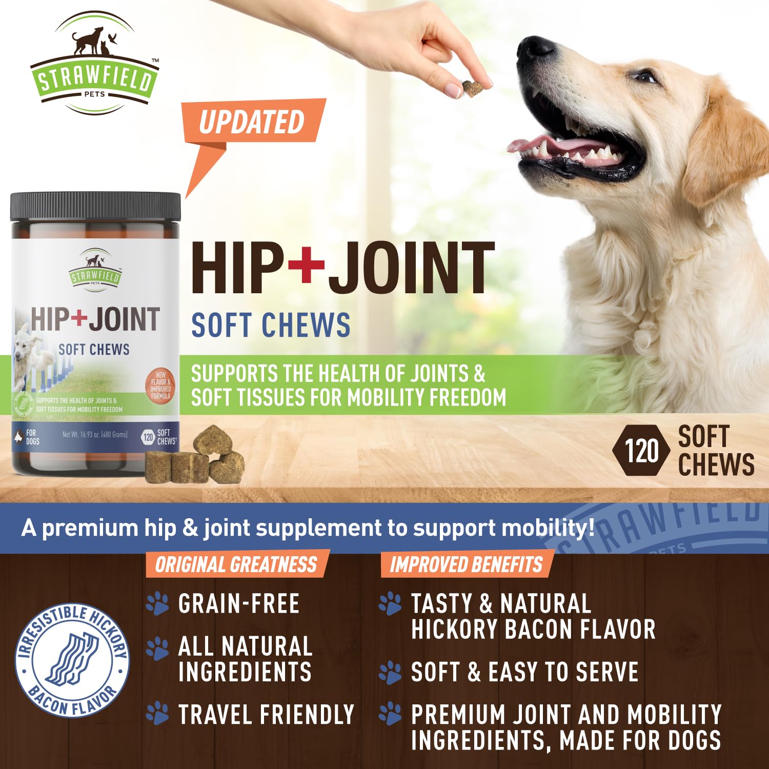 Strawfield Pets Hip + Joint Chews for Dogs Advanced Dog Joint Supplement with Glucosamine Tasty Healthy Mobility Treats Bacon Fl