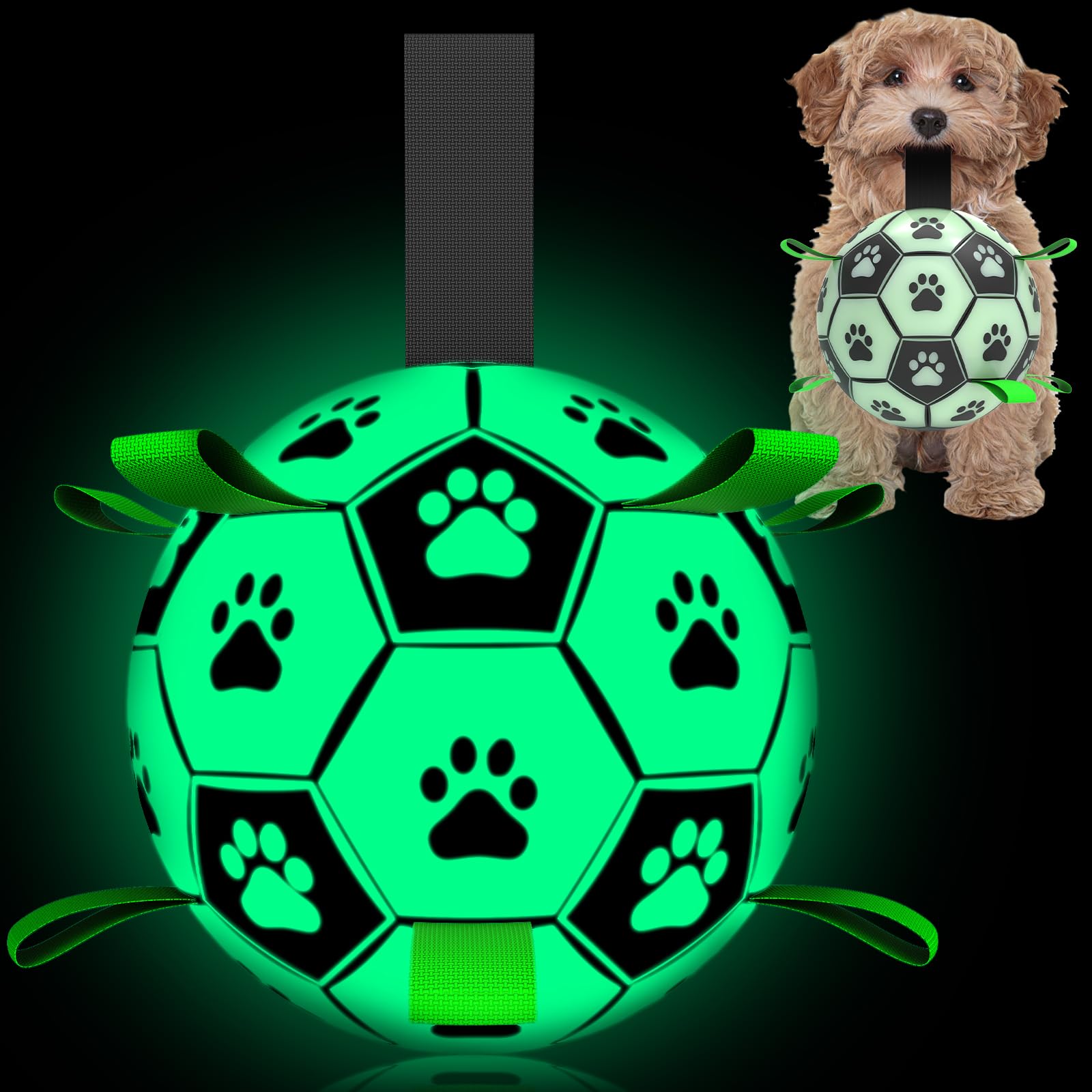 Qdan Light Up Dog Ball, Interactive Glow In The Dark Dog Toys Soccer Ball, Dog Tug Water Toy For Small & Medium Dogs, Puppy Birthday Gifts, Indoor Outdoor （6 Inch ）