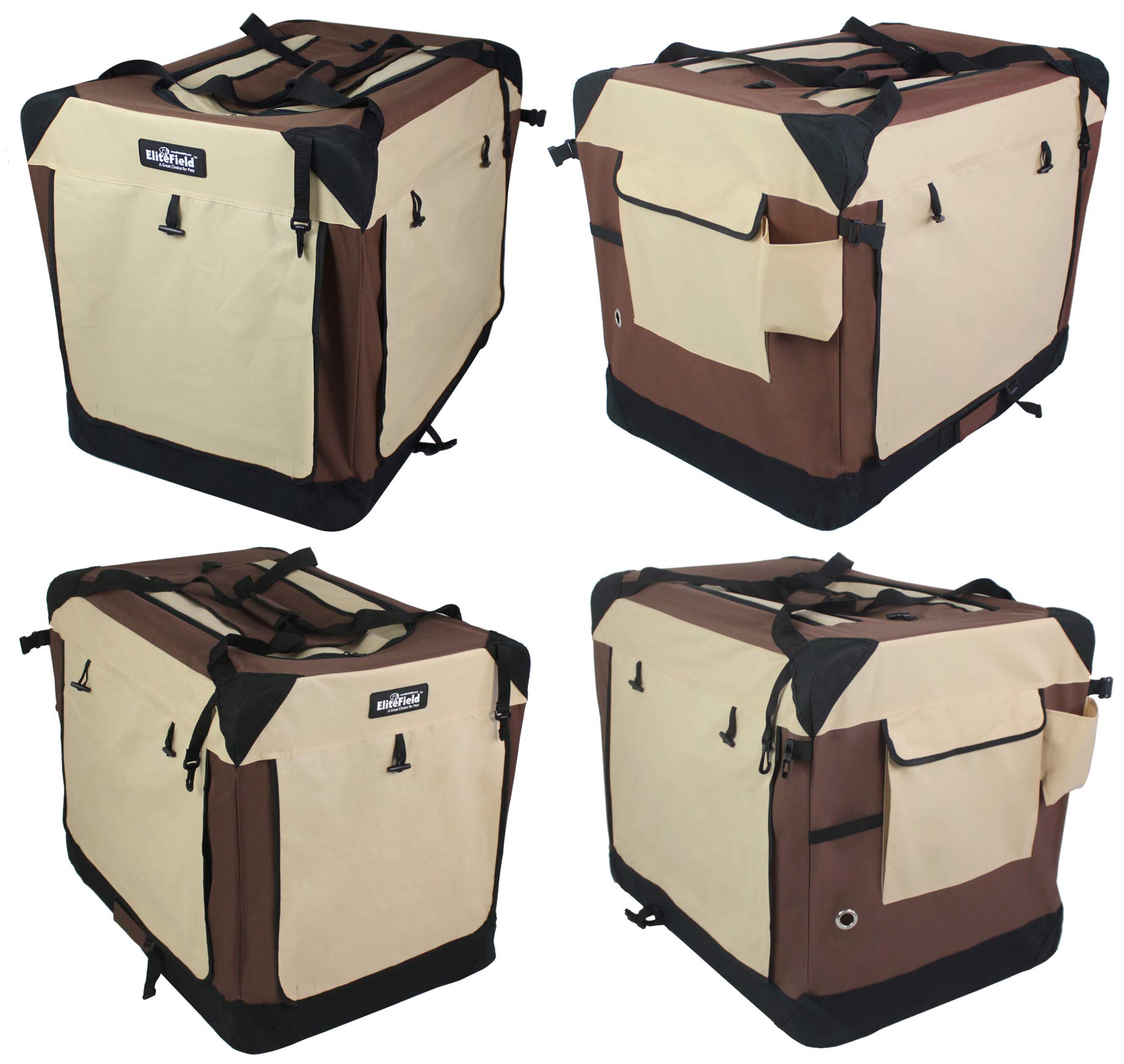 Elitefield 4-Door Folding Soft Dog Crate With Curtains, Carrying Bag And Fleece Bed (2 Year Warranty), Indoor & Outdoor Pet Home (36' L X 24' W X 28' H, Brown+Beige)