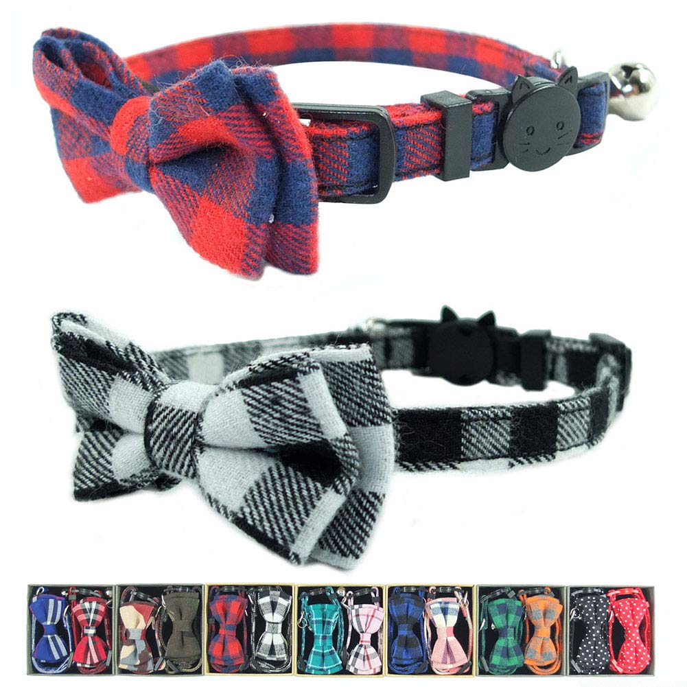 Cat Collar Breakaway With Bell And Bow Tie, Plaid Design Adjustable Safety Kitty Kitten Collars Set Of 2 Pcs(6.8-10.8In) (Red&Black Plaid)