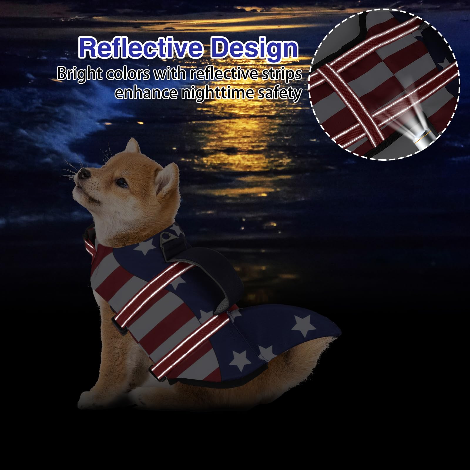 Tdtok Dog Life Jacket Shark Fin American Flag Pattern With Rescue Handle And Reflective Stripes, High Buoyancy Life Safety Vest