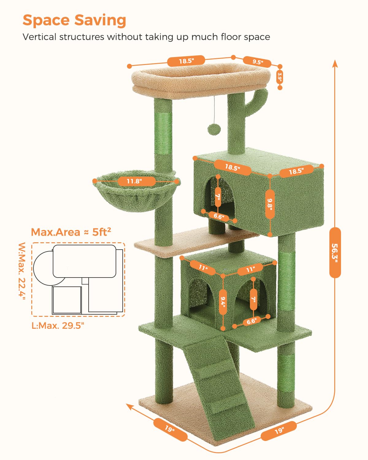 Muttros Cactus Cat Tree For Adult Cats With Super Large Top Perch, 56.3'' Cat Tower For Cats With Plush Hammock, Dangling Pompom