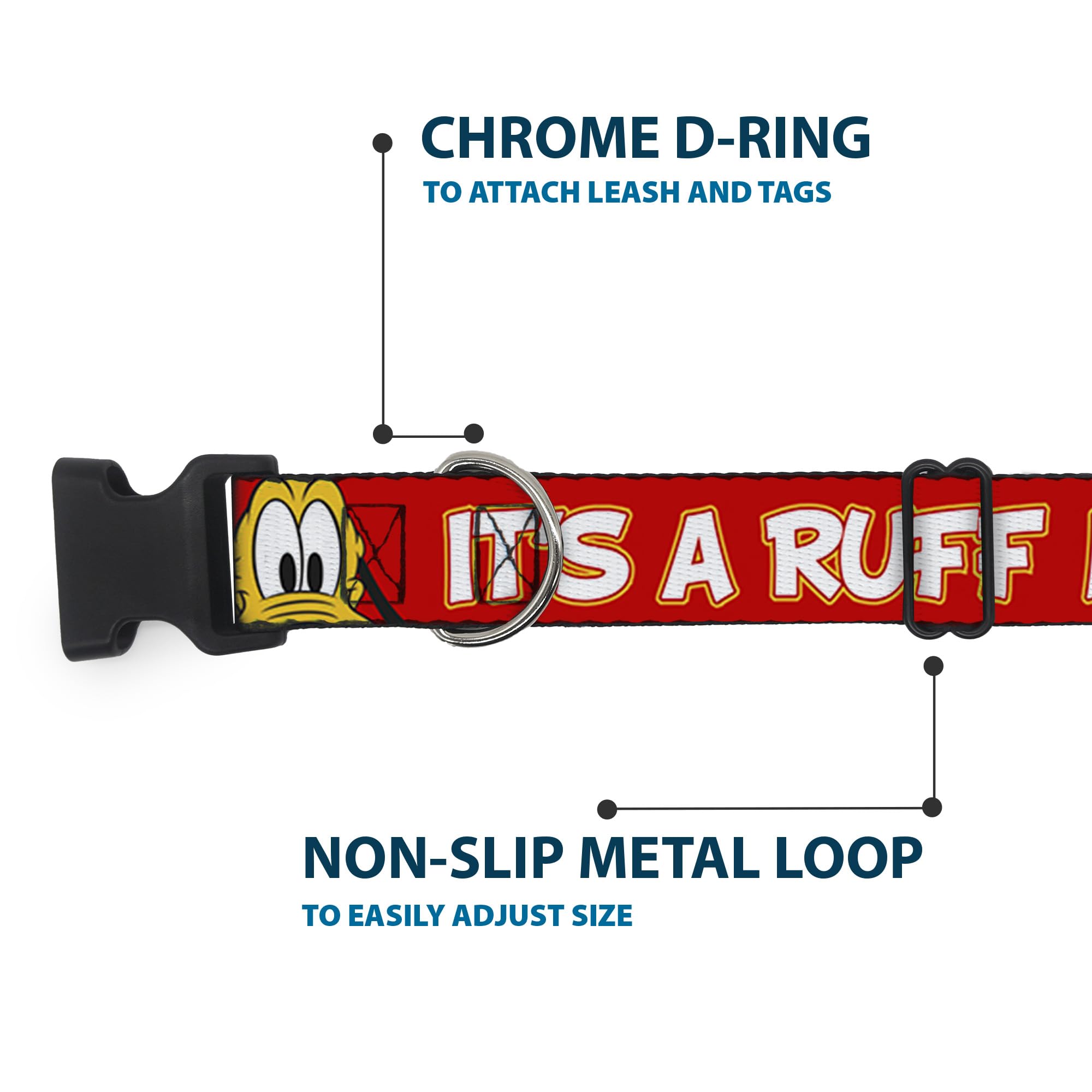 Dog Collar Plastic Clip Pluto 2 Pose Its A Ruff Life Red Yellow White 18 to 32 Inches 1.5 Inch Wide