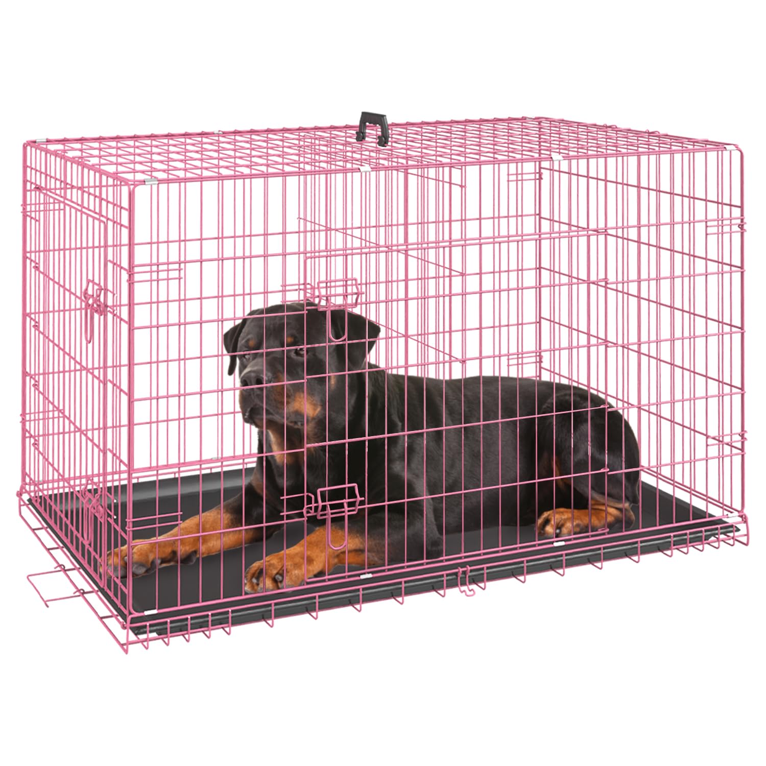 Fdw Dog Crate For Large Dogs 42 Inch Folding Metal Wirepet Cage Double Door W/Divider Panel Indoor Outdoor Kennel Leak-Proof Pla