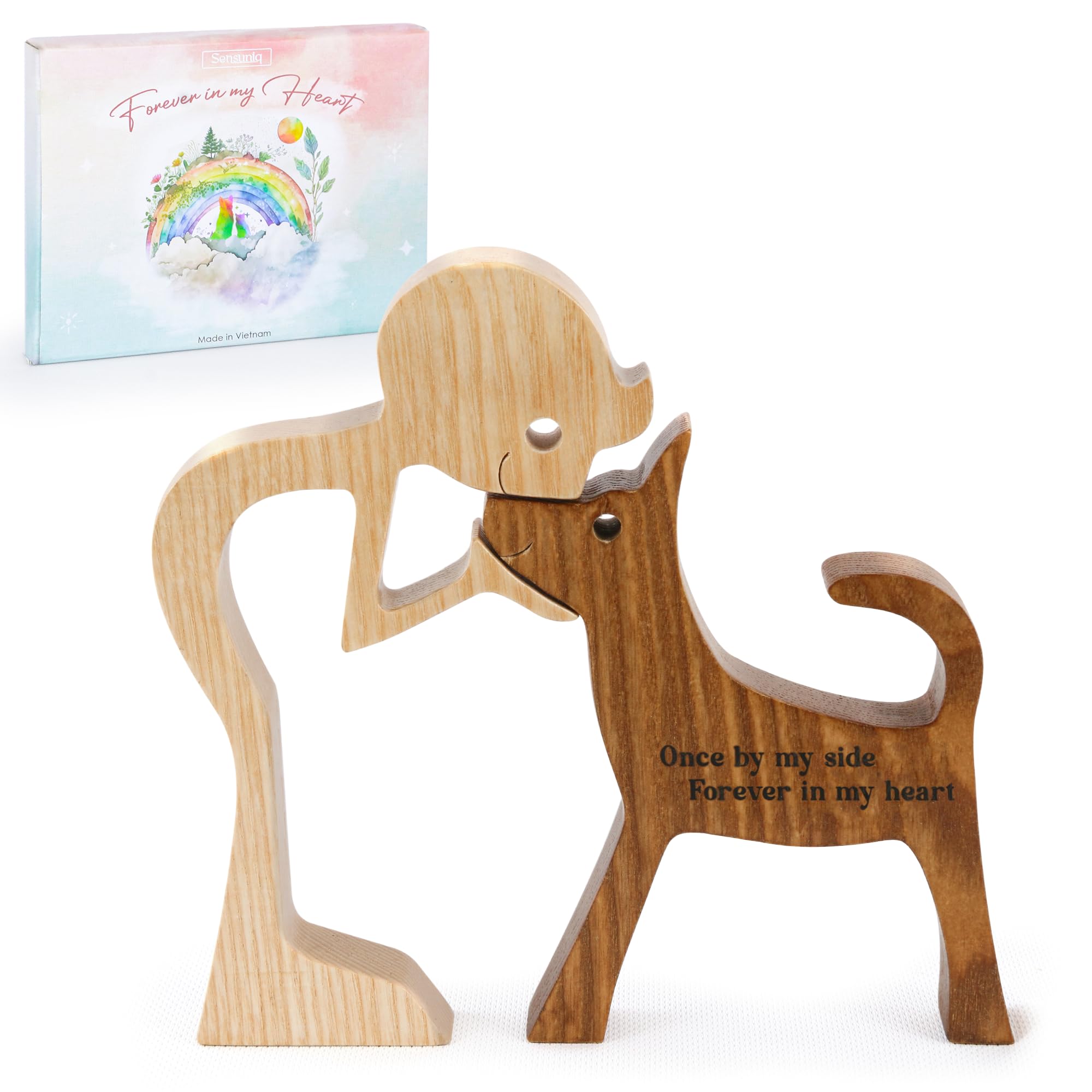 Sensuniq Dog Memorial Gifts, Cat Memorial Gifts, Wooden Carving Men And Dog Figura, Once By My Side Forever In My Heart - Sympat
