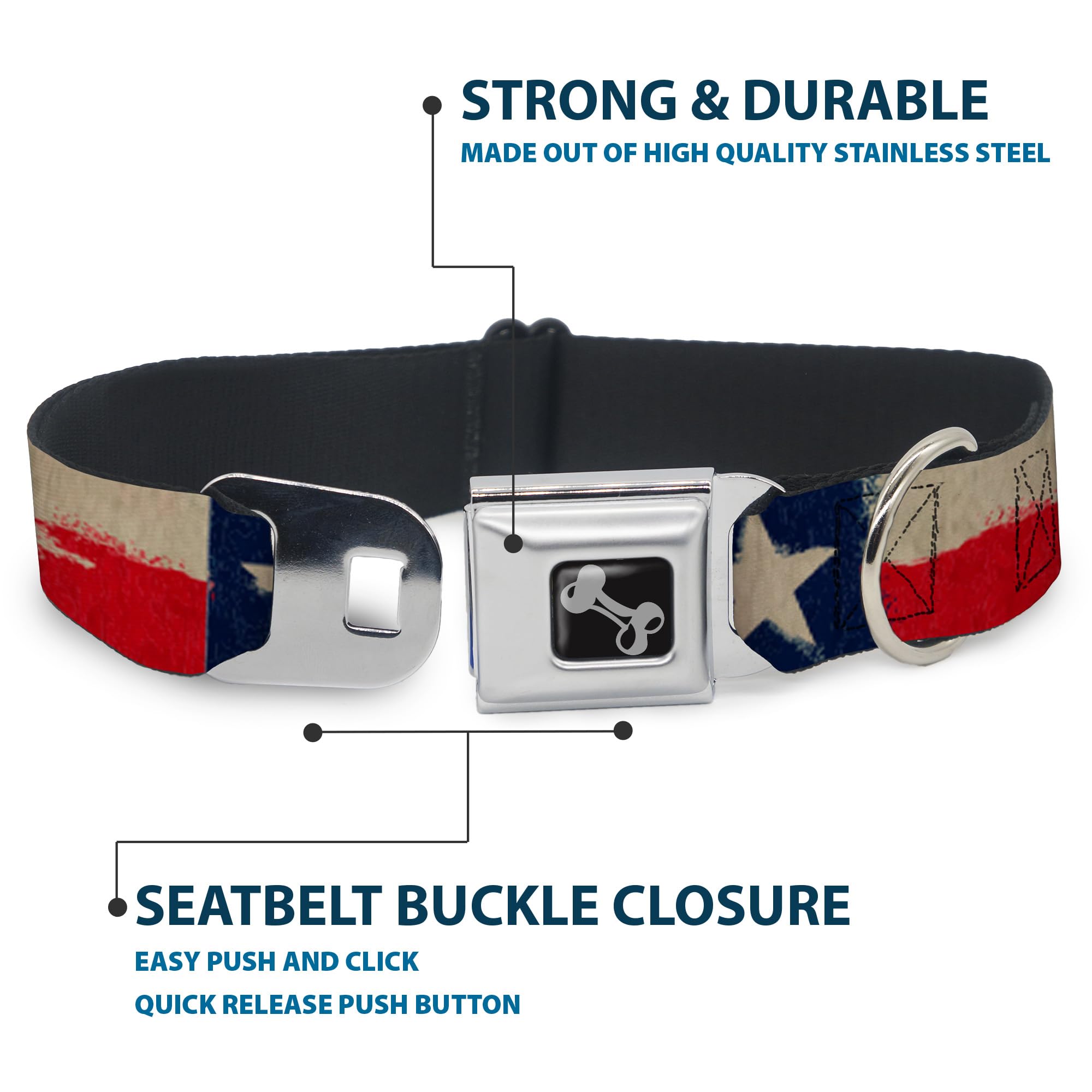 Buckle-Down Dog Collar Seatbelt Buckle Texas Flag Close Up Distressed Painting, Multicolor, 1.5' Wide - Fits 13-18' Neck - Sma