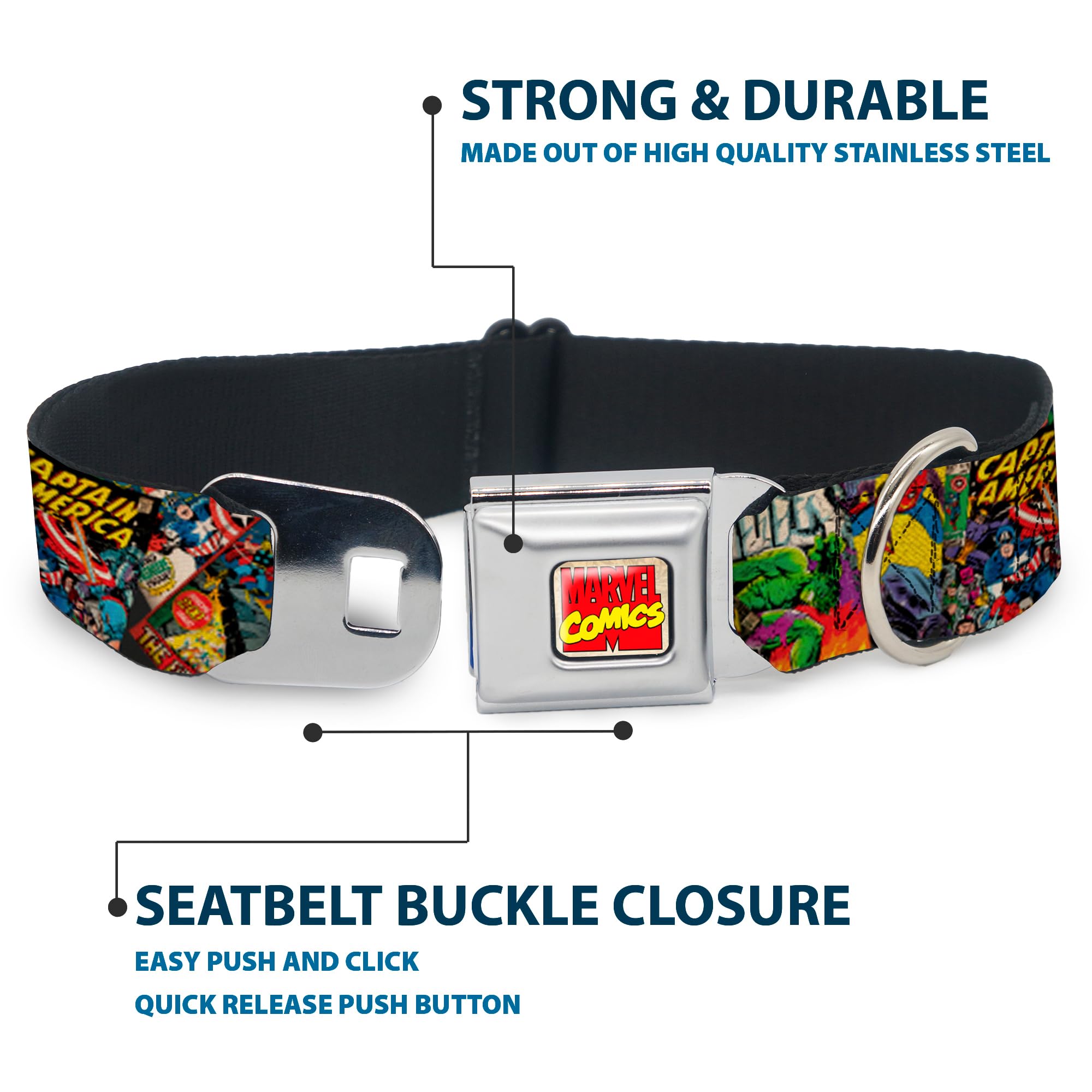 Buckle-Down Seatbelt Buckle Dog Collar - Retro Marvel Comic Books Stacked Close-Up - 1' Wide - Fits 9-15' Neck - Small